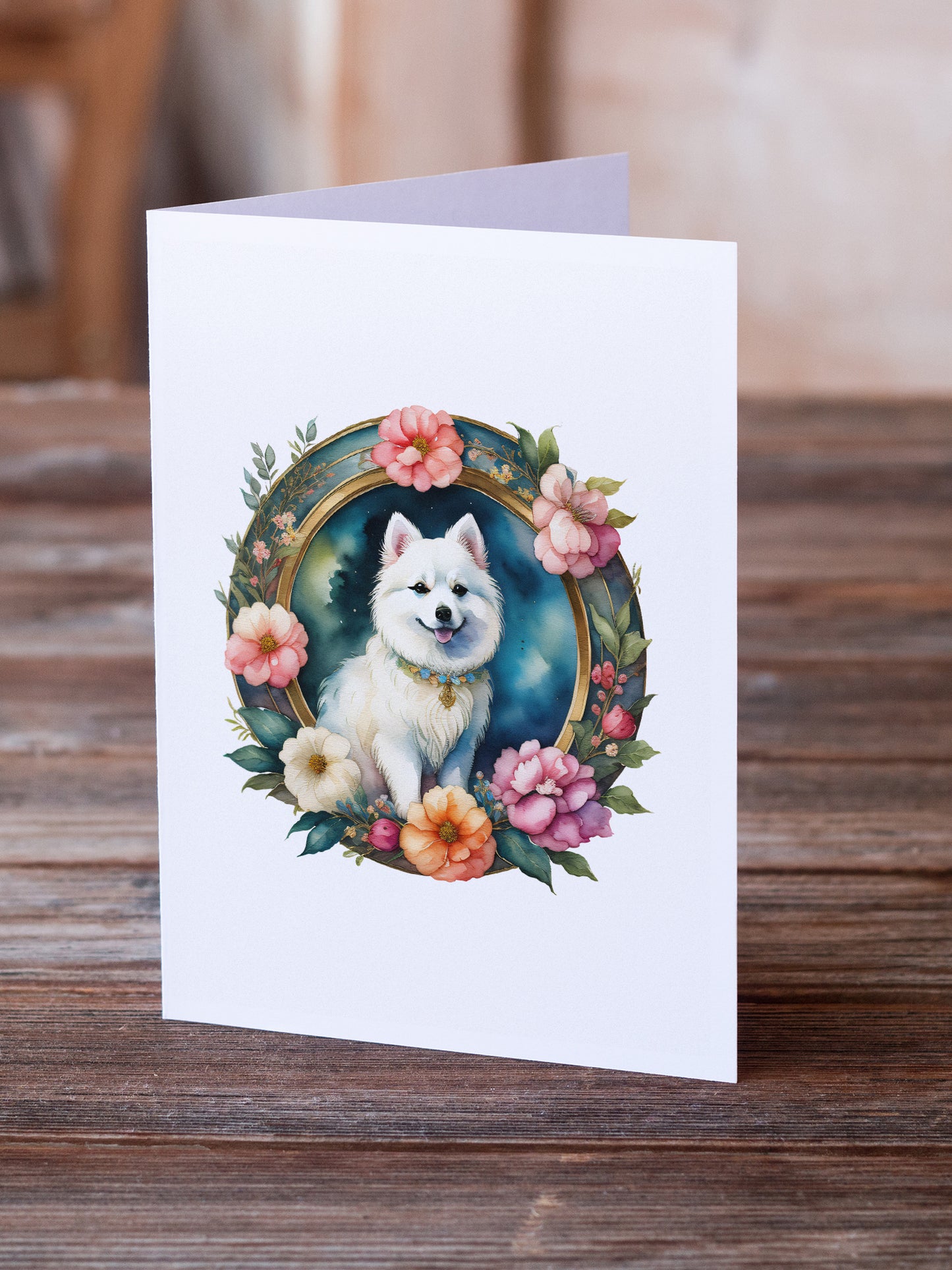 Japanese Spitz and Flowers Greeting Cards Pack of 8