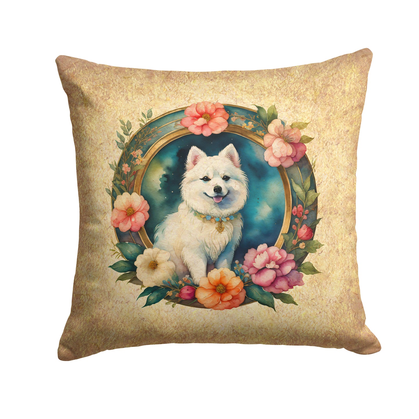 Buy this Japanese Spitz and Flowers Throw Pillow