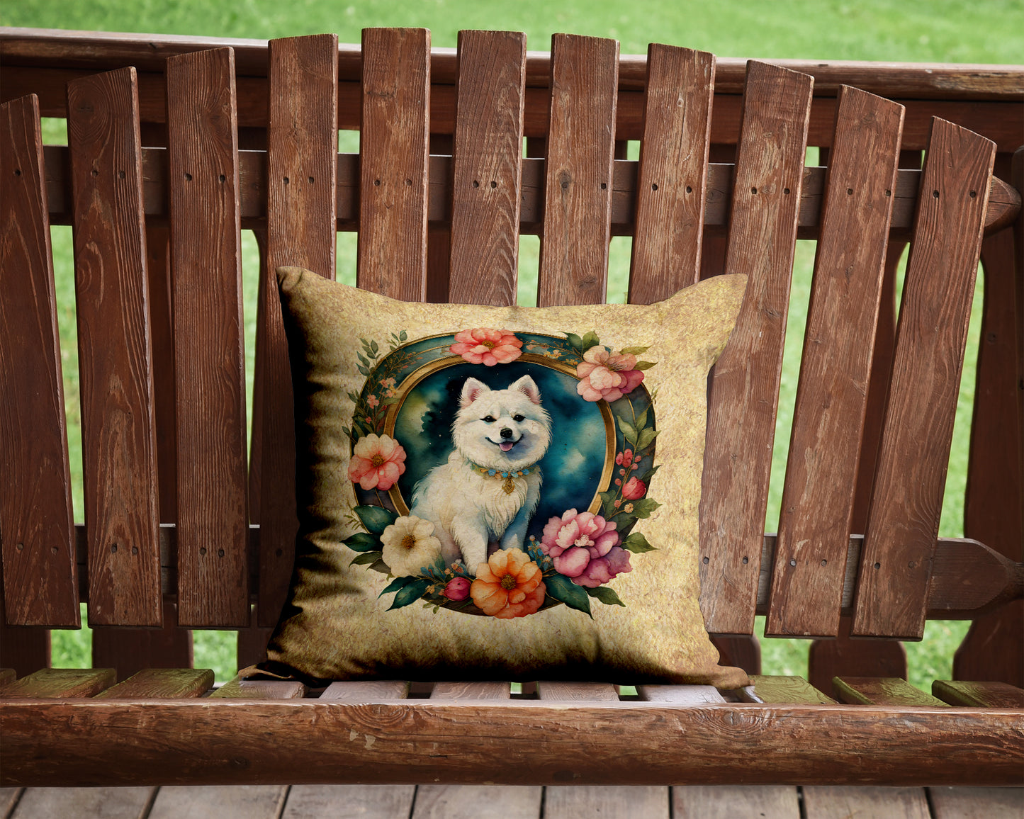 Japanese Spitz and Flowers Throw Pillow