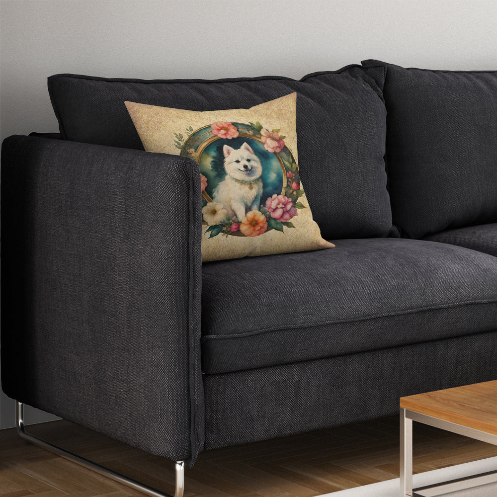 Japanese Spitz and Flowers Throw Pillow