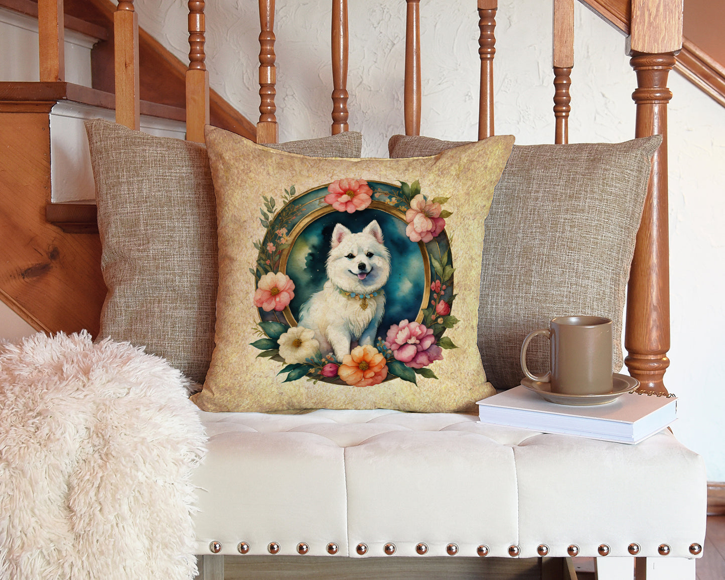 Japanese Spitz and Flowers Throw Pillow