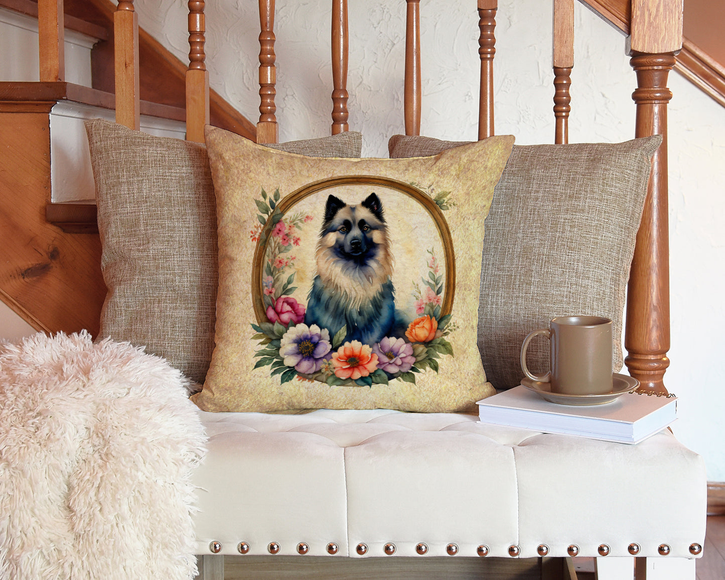 Keeshond and Flowers Throw Pillow