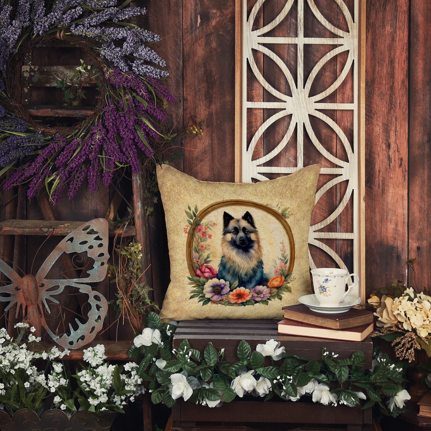 Keeshond and Flowers Throw Pillow