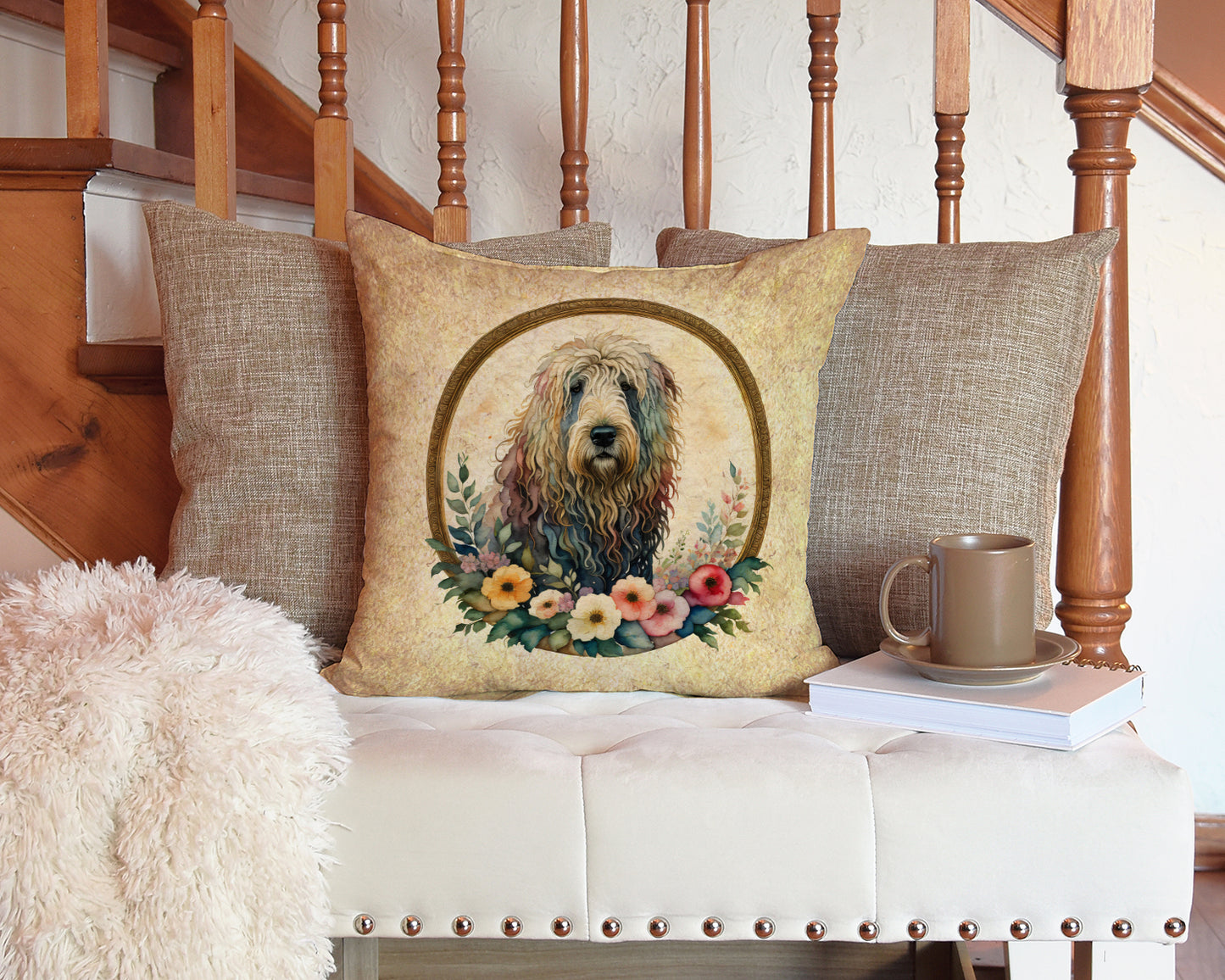 Komondor and Flowers Throw Pillow