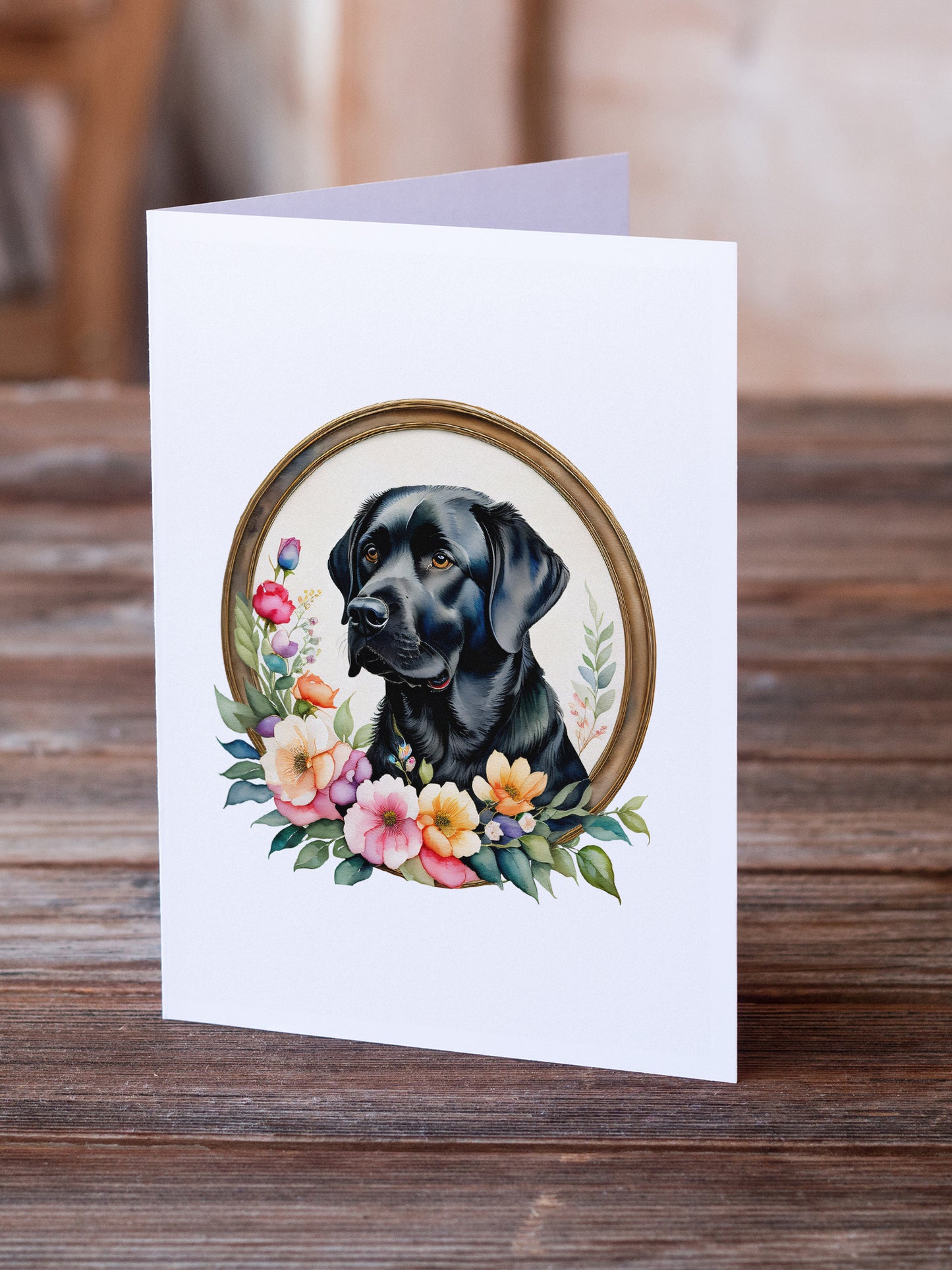 Black Labrador Retriever and Flowers Greeting Cards Pack of 8