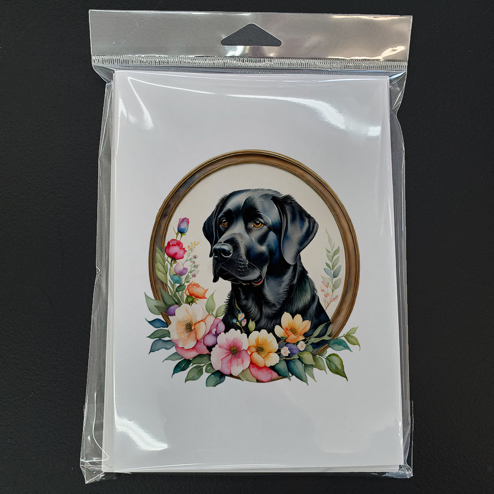 Black Labrador Retriever and Flowers Greeting Cards Pack of 8