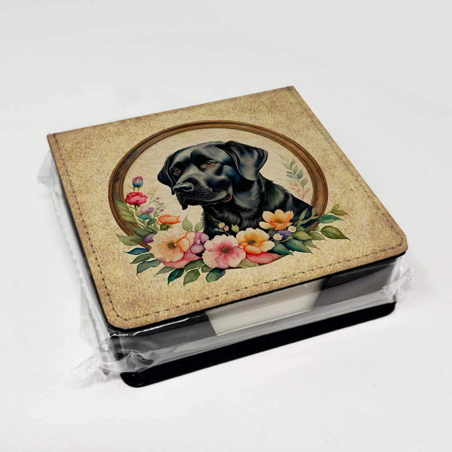 Black Labrador Retriever and Flowers PU Leather Note Paper Holder