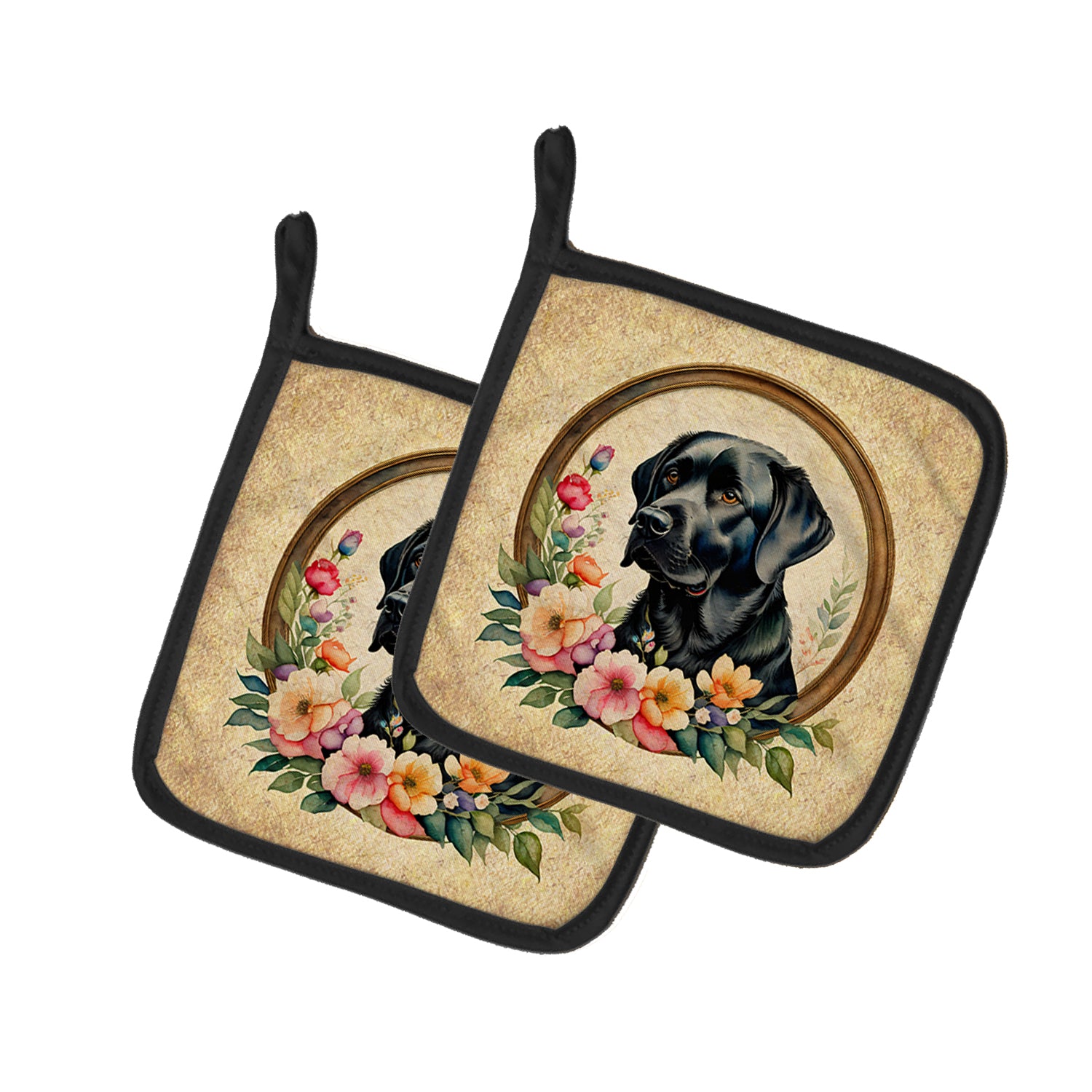 Buy this Black Labrador Retriever and Flowers Pair of Pot Holders