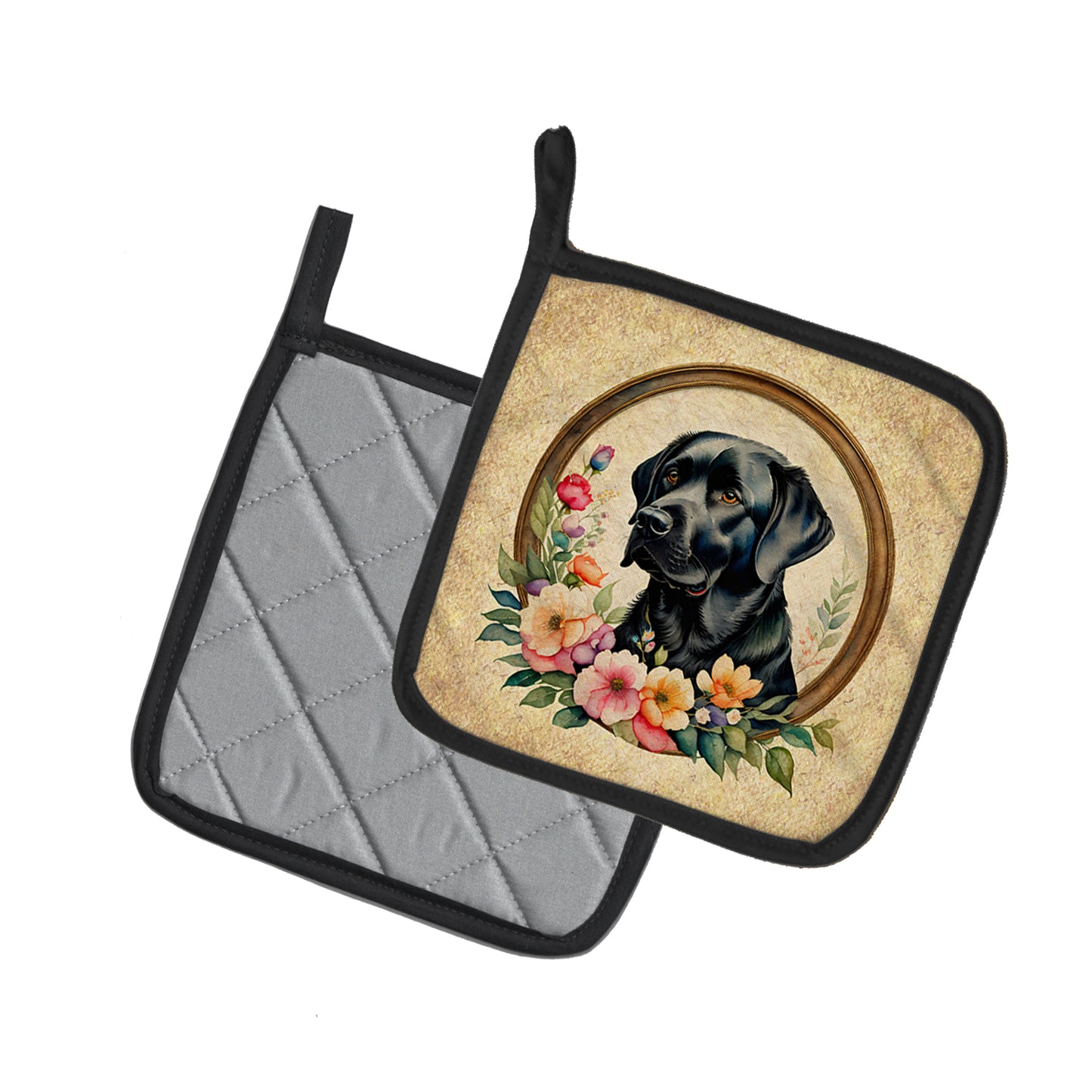 Black Labrador Retriever and Flowers Pair of Pot Holders