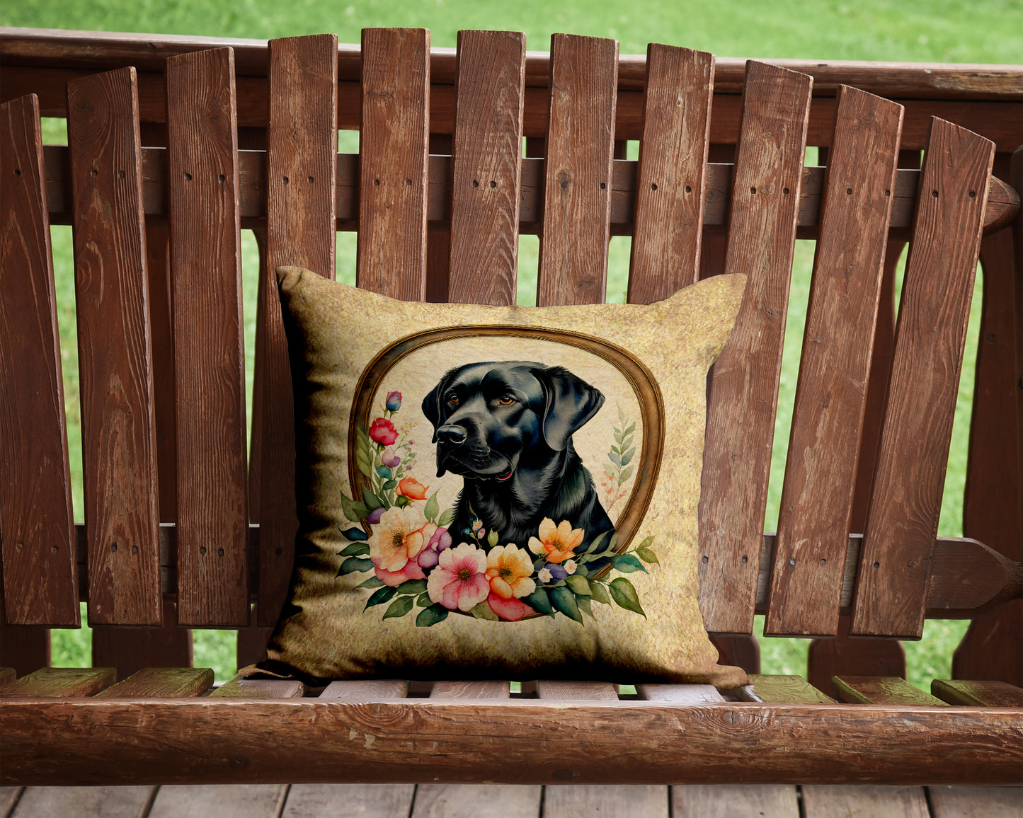 Black Labrador Retriever and Flowers Throw Pillow