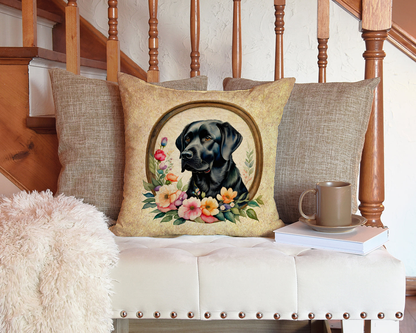 Black Labrador Retriever and Flowers Throw Pillow