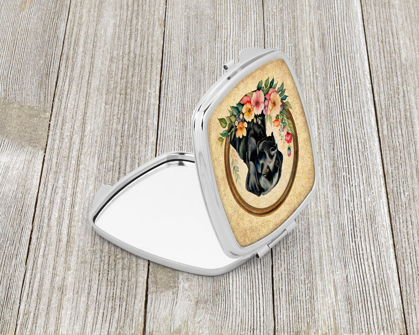 Black Labrador Retriever and Flowers Compact Mirror