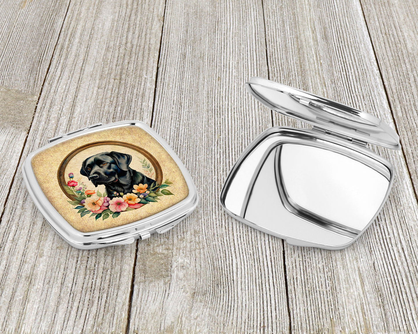 Black Labrador Retriever and Flowers Compact Mirror