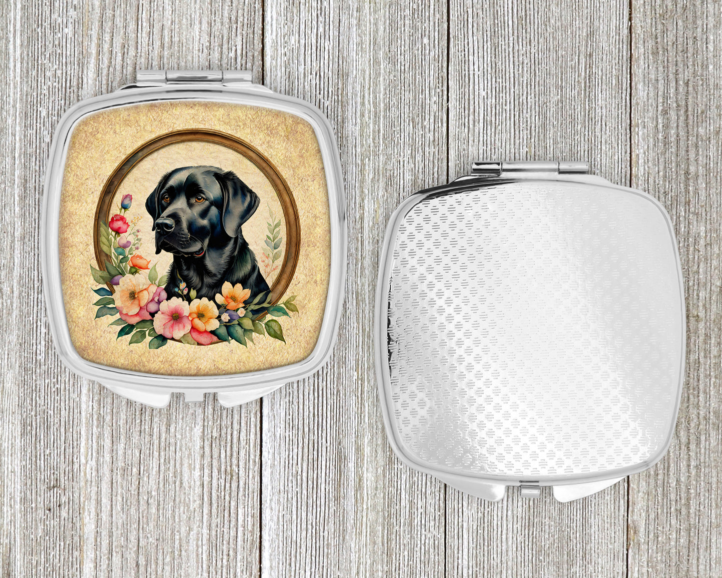 Black Labrador Retriever and Flowers Compact Mirror