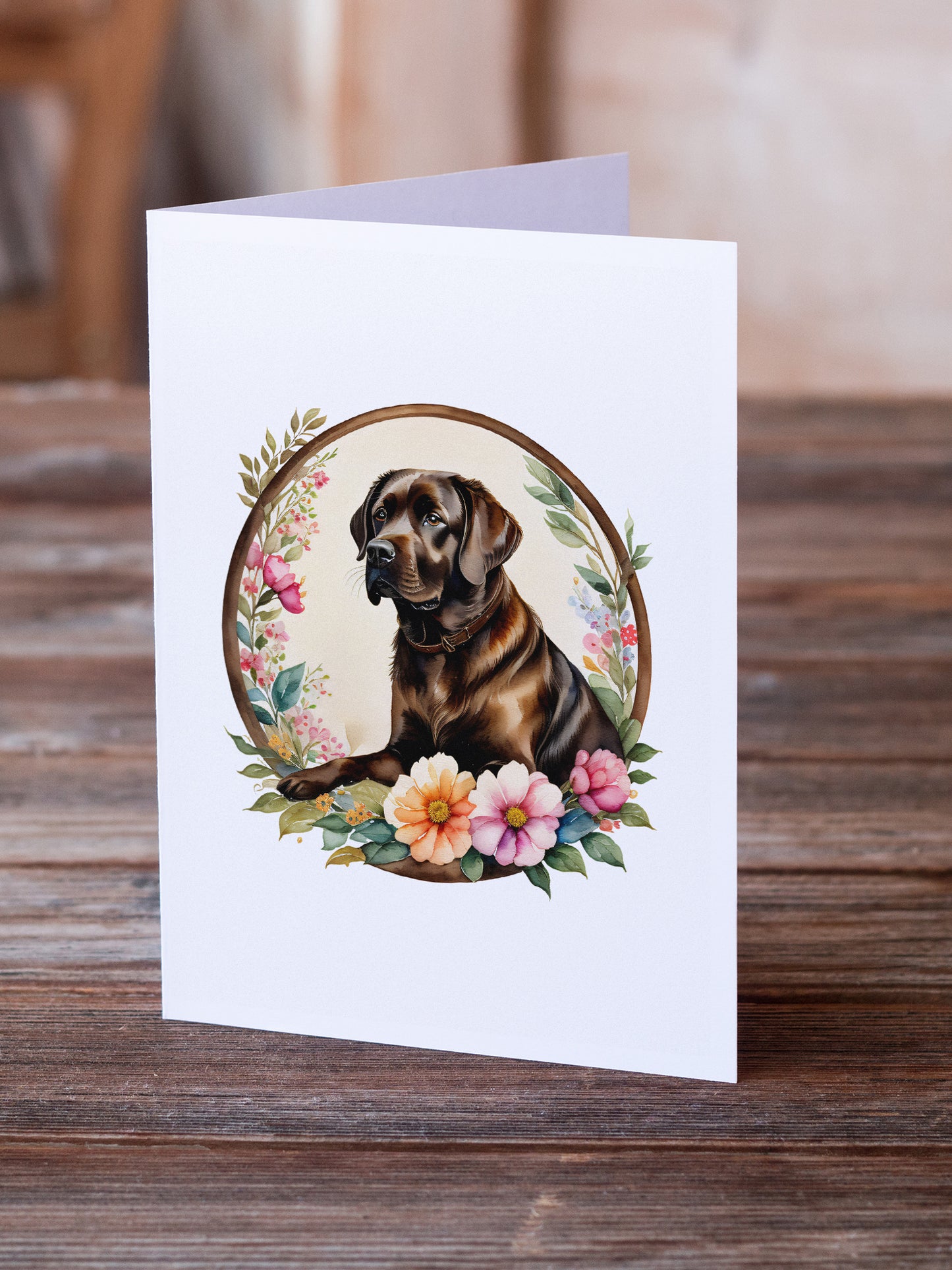 Chocolate Labrador Retriever and Flowers Greeting Cards Pack of 8