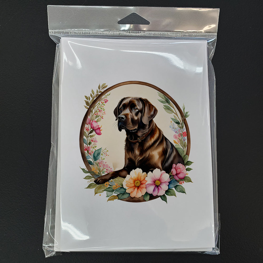 Chocolate Labrador Retriever and Flowers Greeting Cards Pack of 8