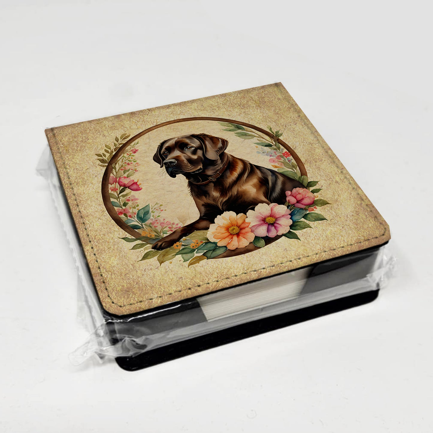 Chocolate Labrador Retriever and Flowers PU Leather Note Paper Holder