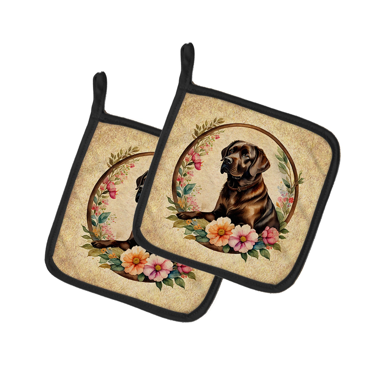 Buy this Chocolate Labrador Retriever and Flowers Pair of Pot Holders