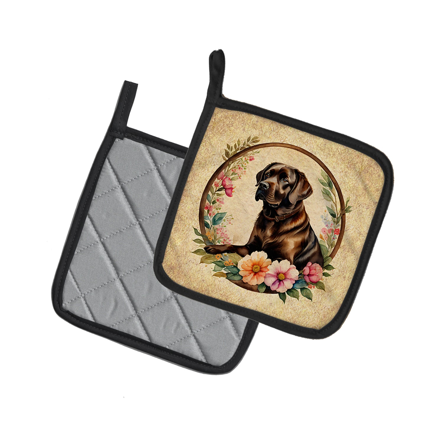 Chocolate Labrador Retriever and Flowers Pair of Pot Holders