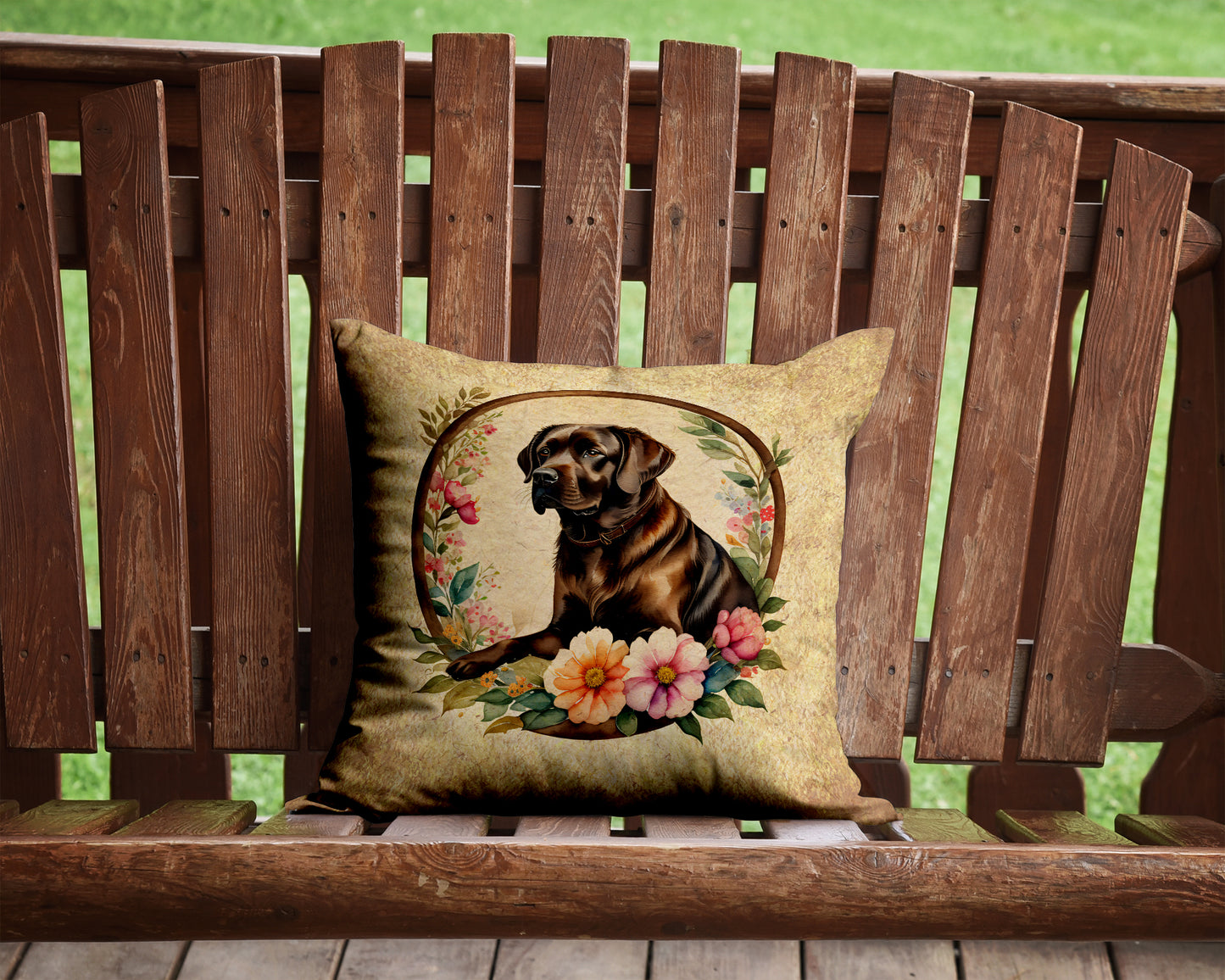 Chocolate Labrador Retriever and Flowers Throw Pillow