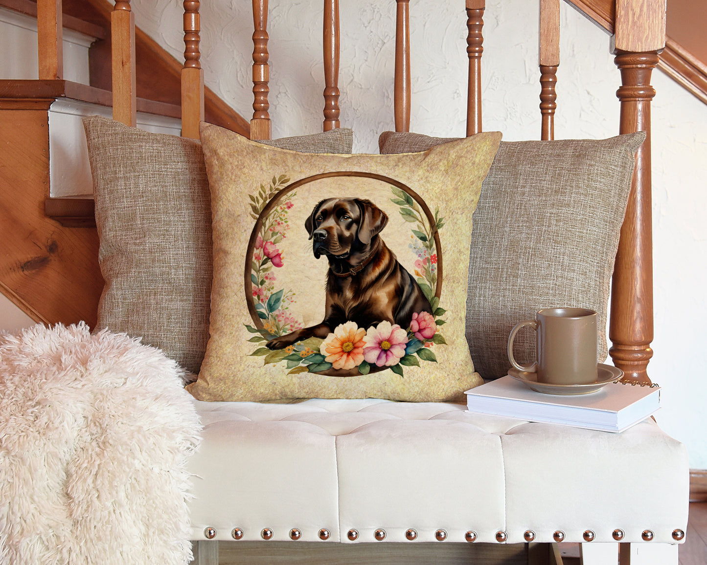 Chocolate Labrador Retriever and Flowers Throw Pillow