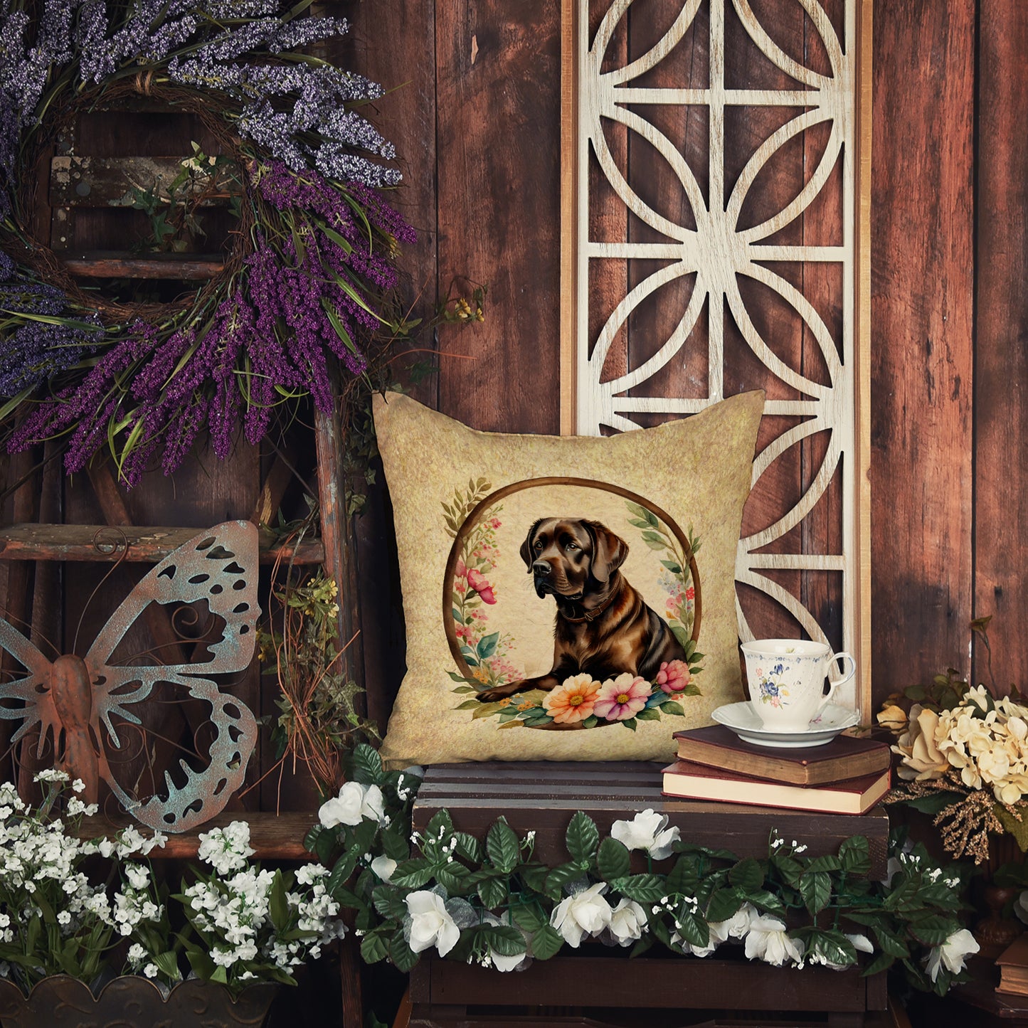 Chocolate Labrador Retriever and Flowers Throw Pillow