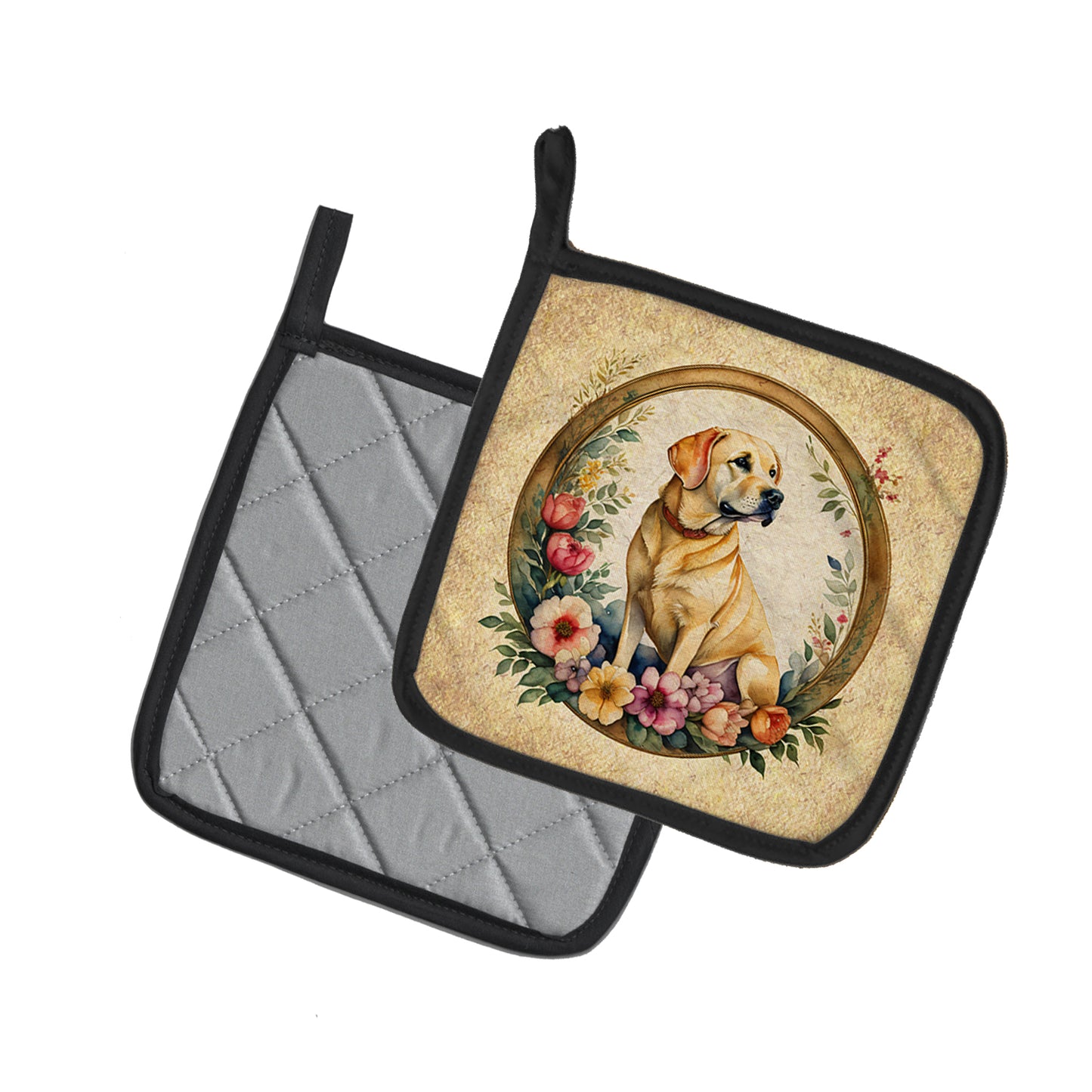 Yellow Labrador Retriever and Flowers Pair of Pot Holders