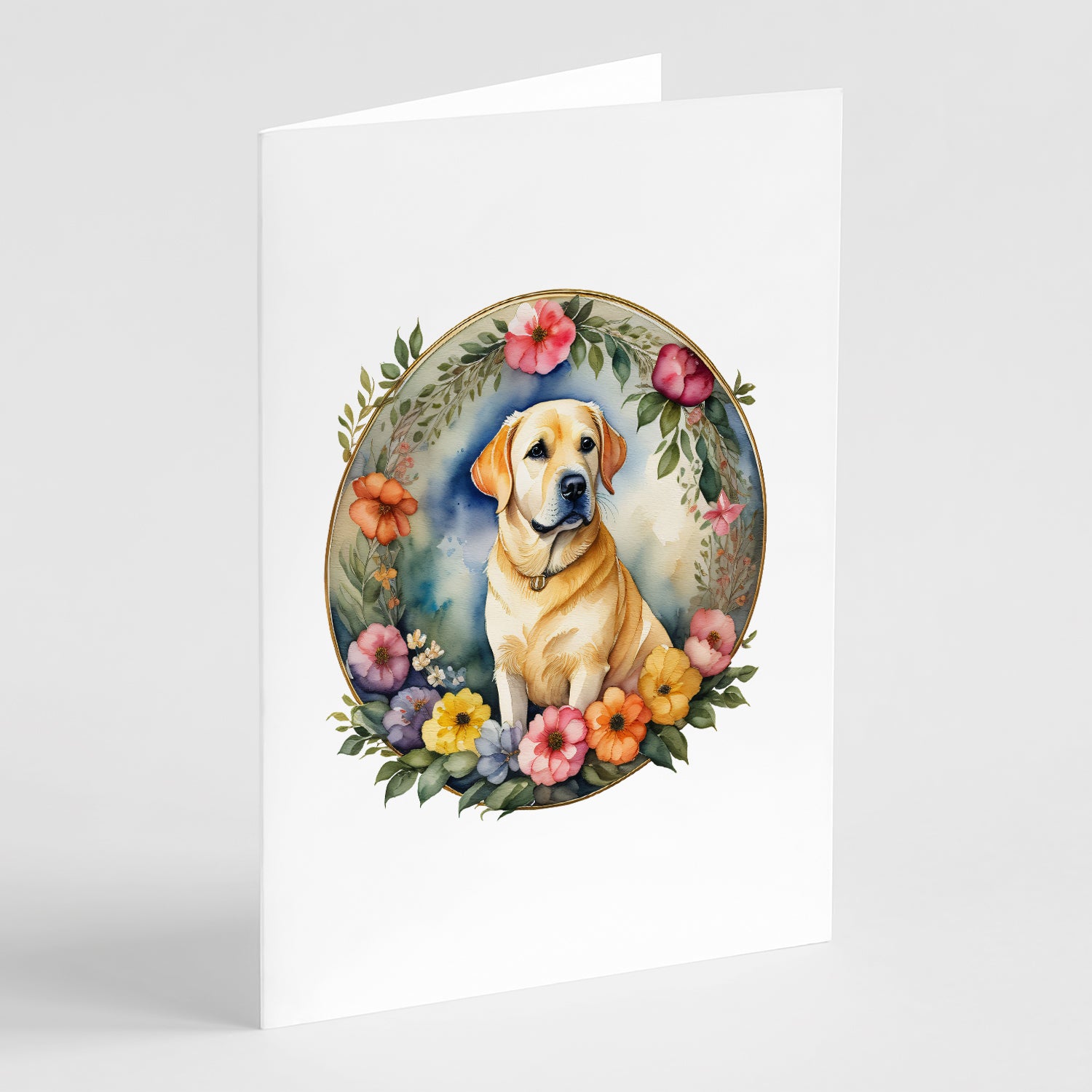 Buy this Yellow Labrador Retriever and Flowers Greeting Cards Pack of 8