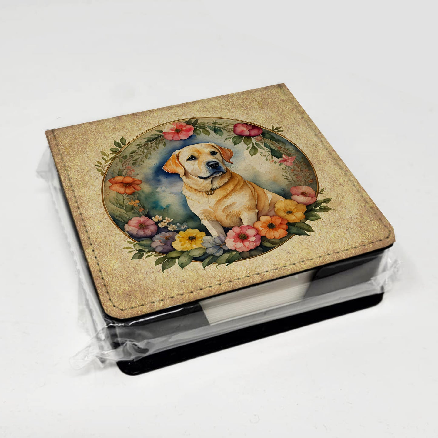 Yellow Labrador Retriever and Flowers PU Leather Note Paper Holder