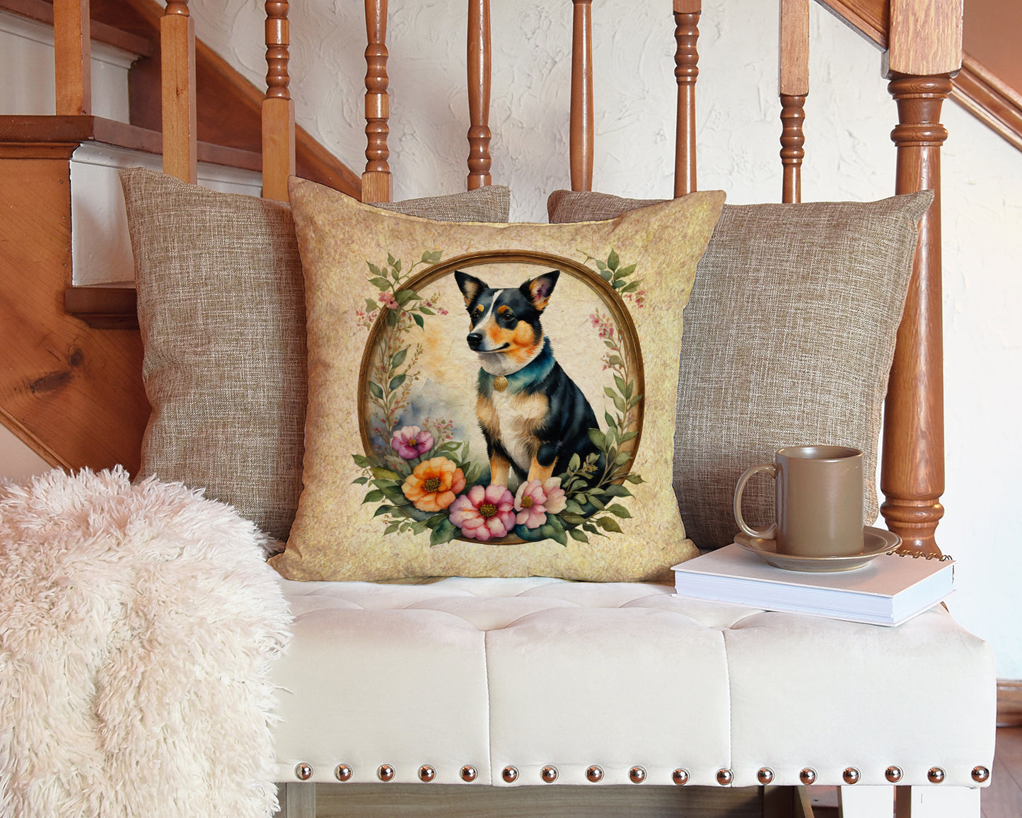 Lancashire Heeler and Flowers Throw Pillow