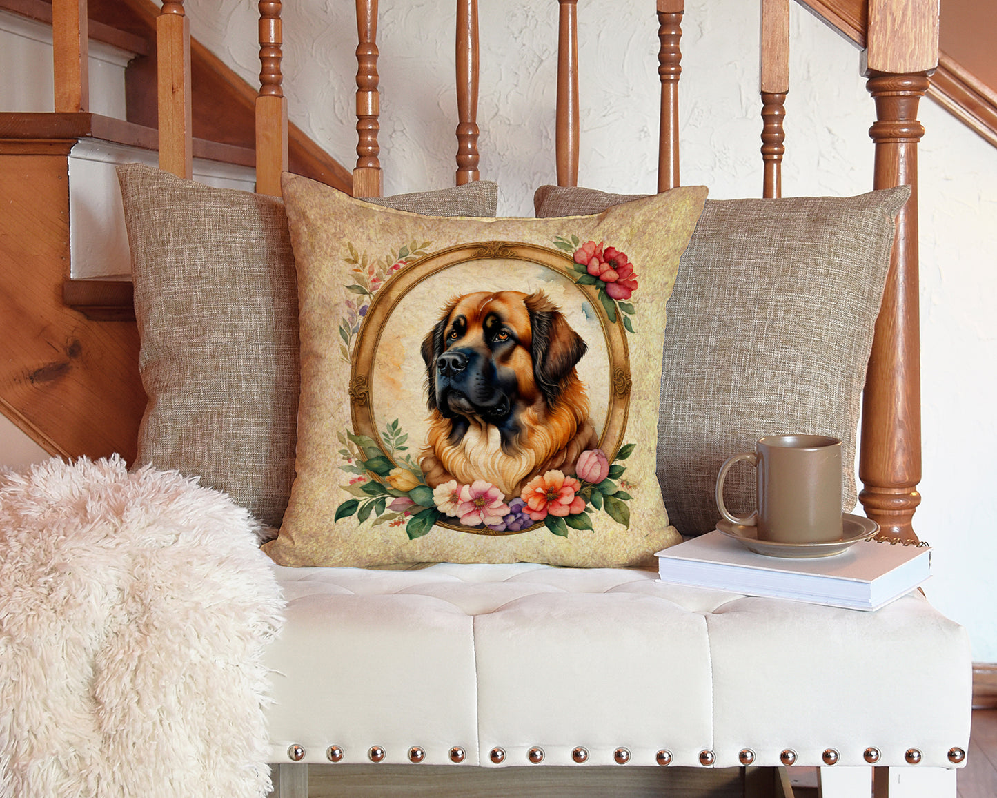 Leonberger and Flowers Throw Pillow