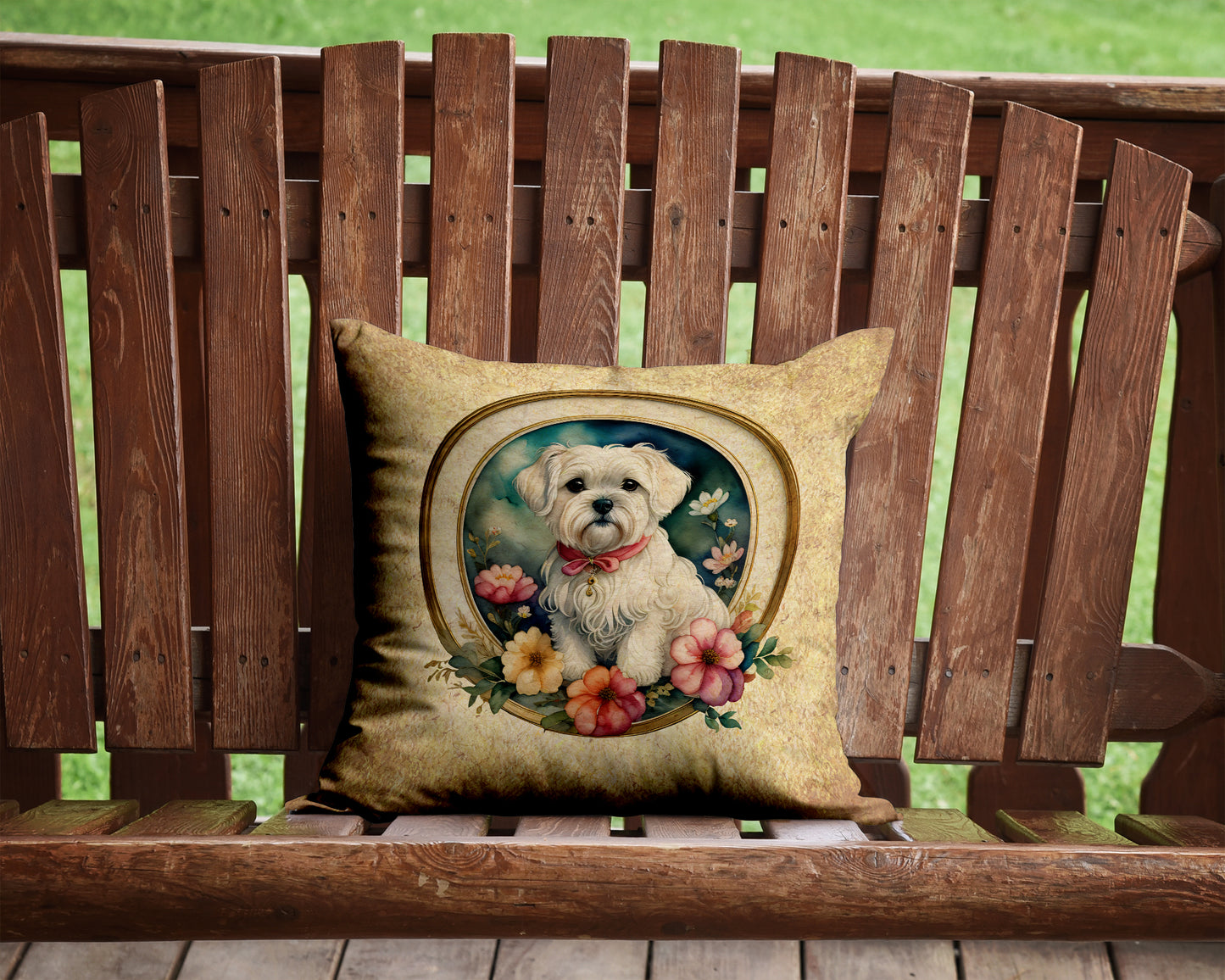 Maltese and Flowers Throw Pillow