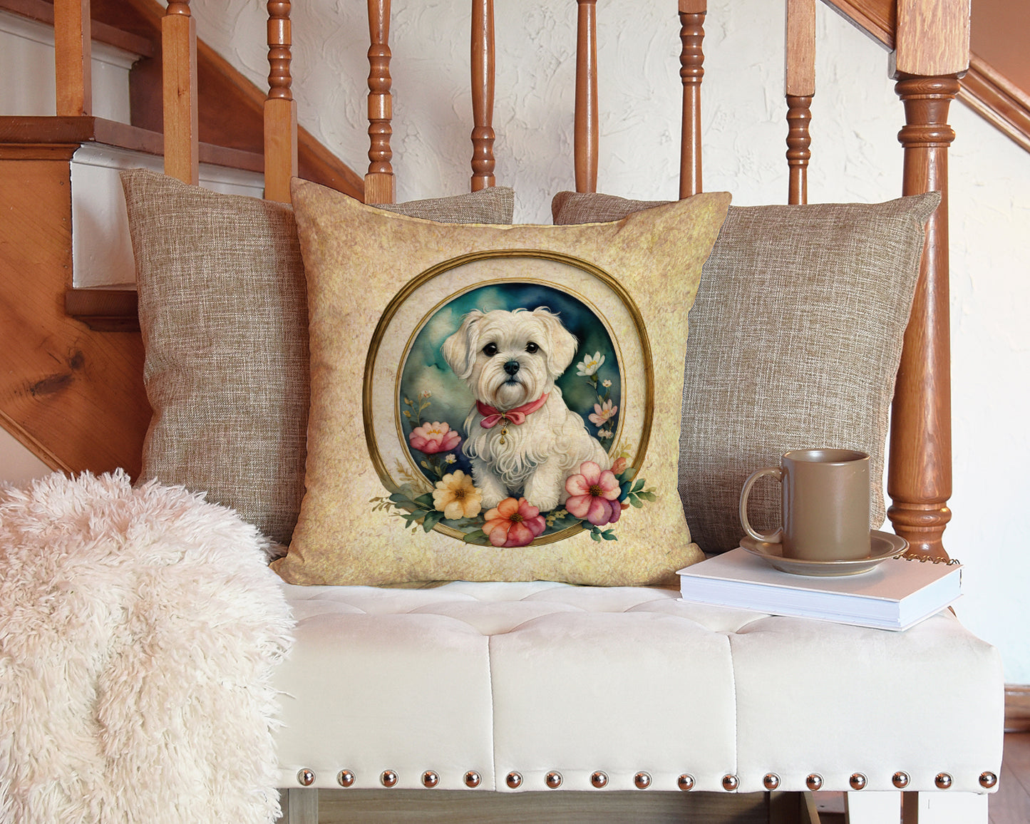 Maltese and Flowers Throw Pillow