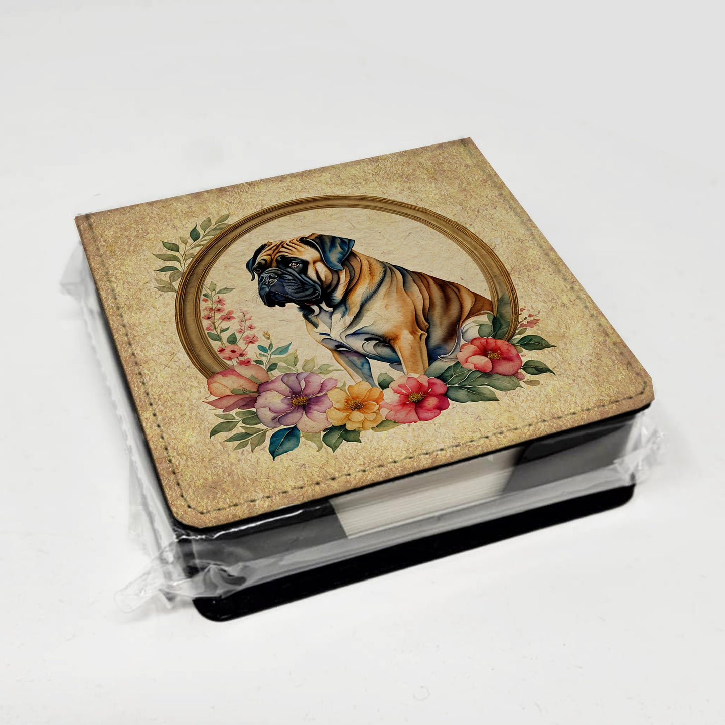 Mastiff and Flowers PU Leather Note Paper Holder