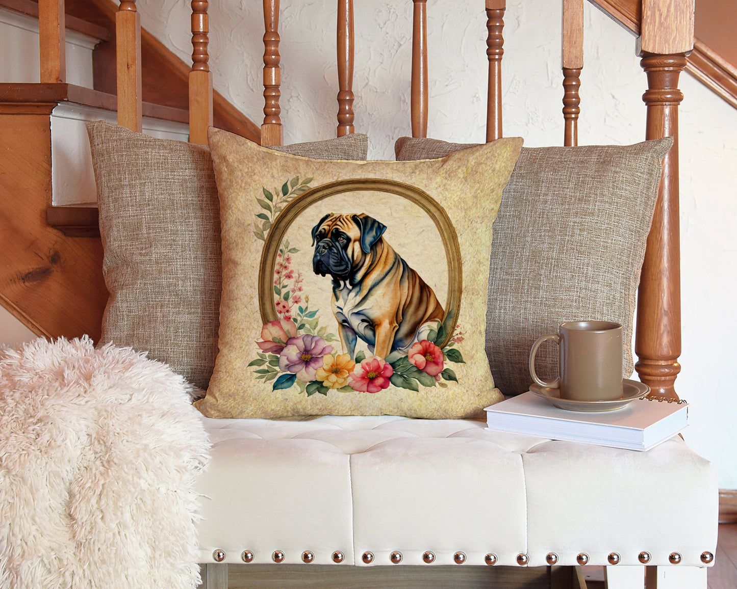 Mastiff and Flowers Throw Pillow