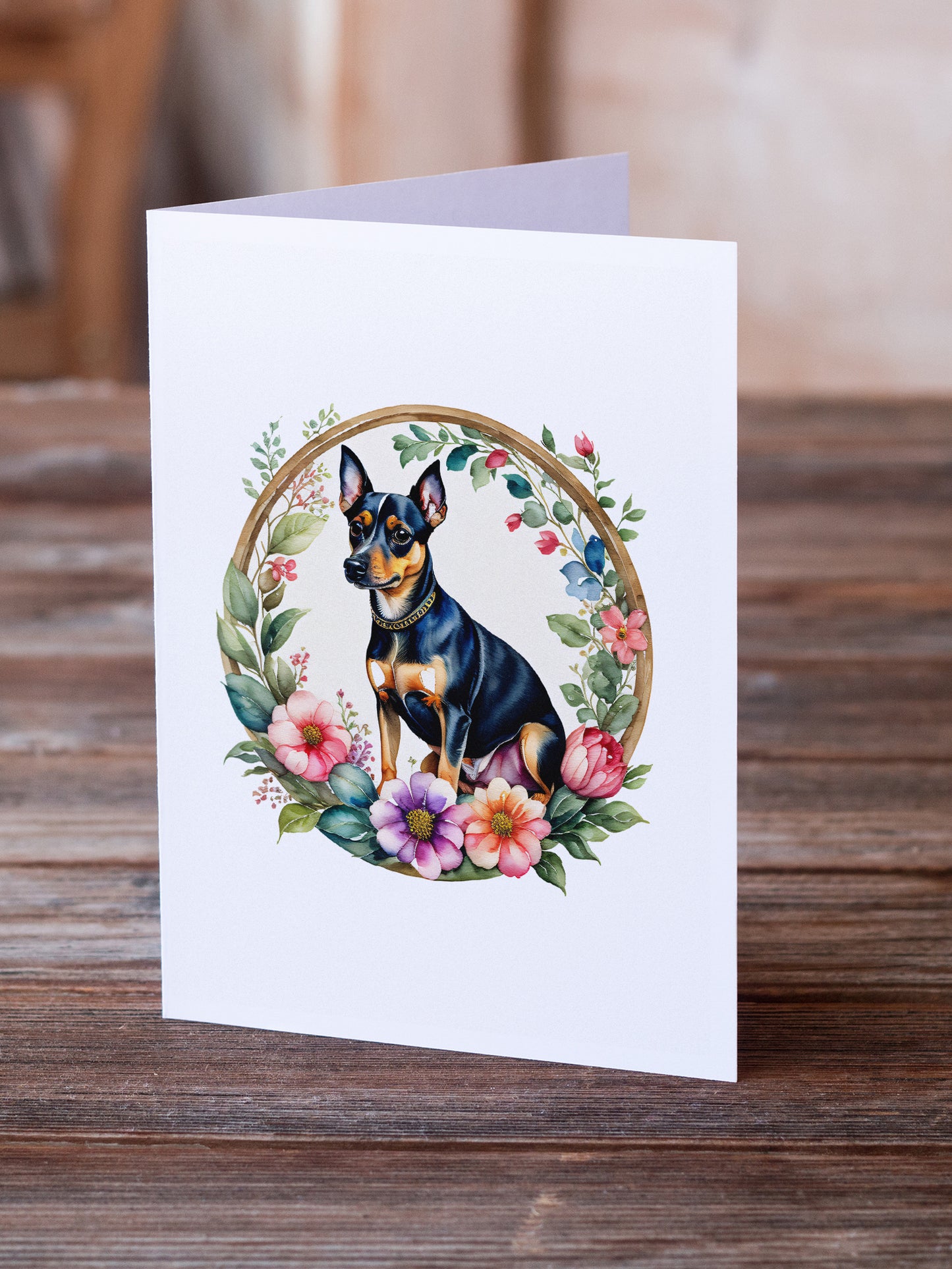 Miniature Pinscher and Flowers Greeting Cards Pack of 8