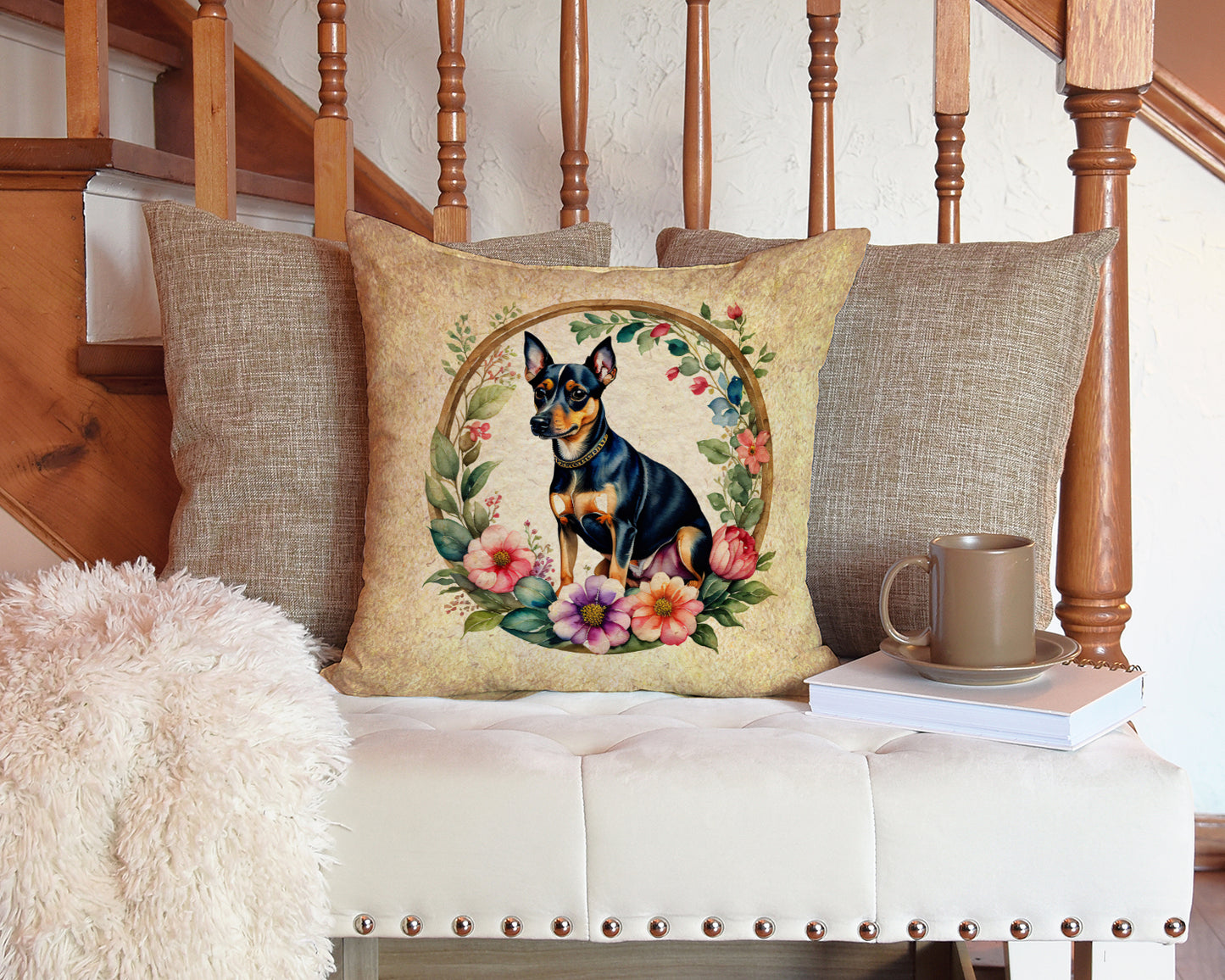 Miniature Pinscher and Flowers Throw Pillow