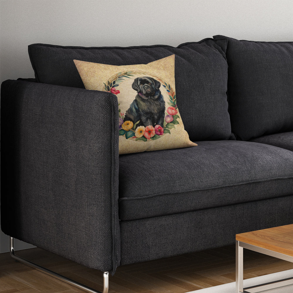 Newfoundland and Flowers Throw Pillow