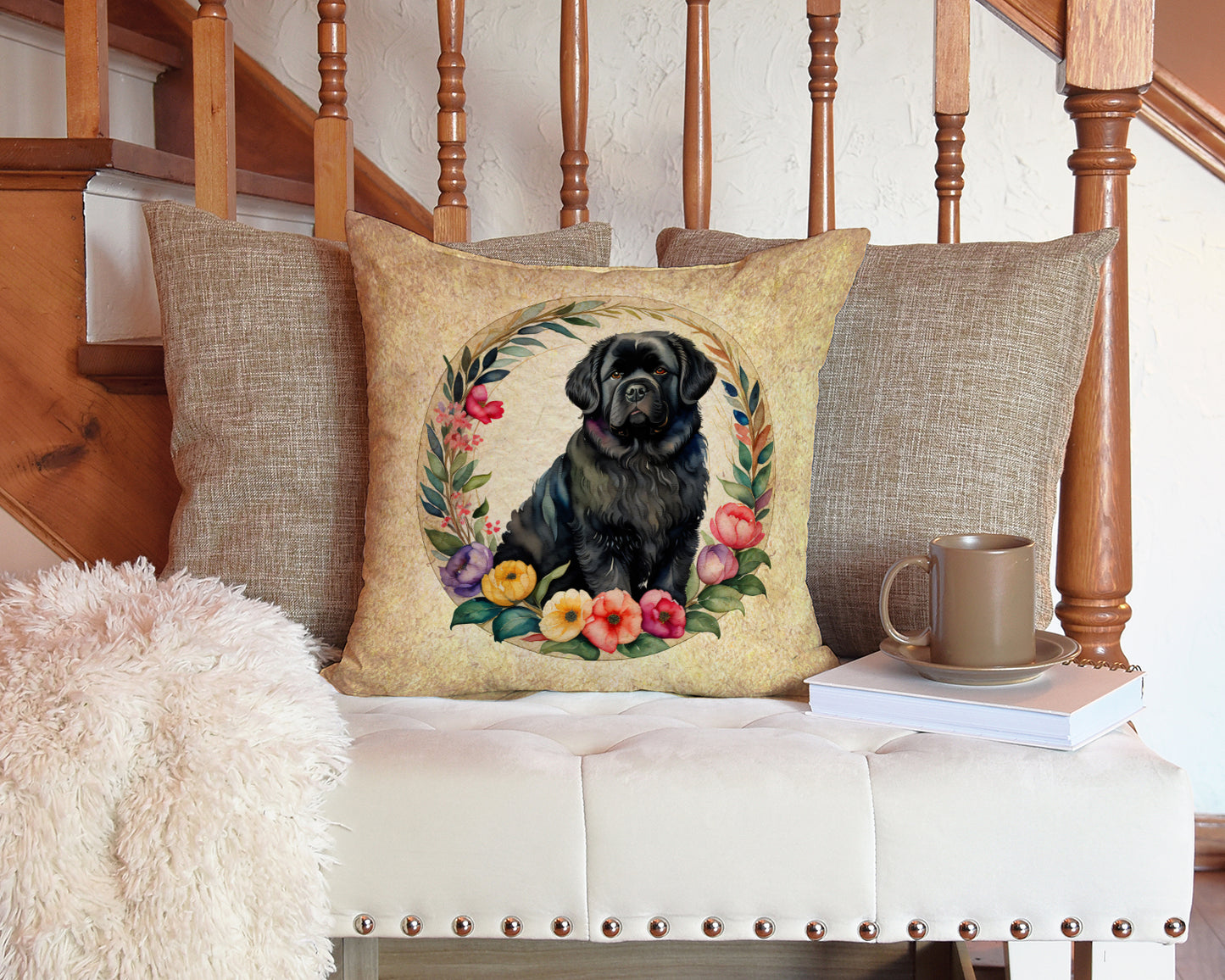 Newfoundland and Flowers Throw Pillow