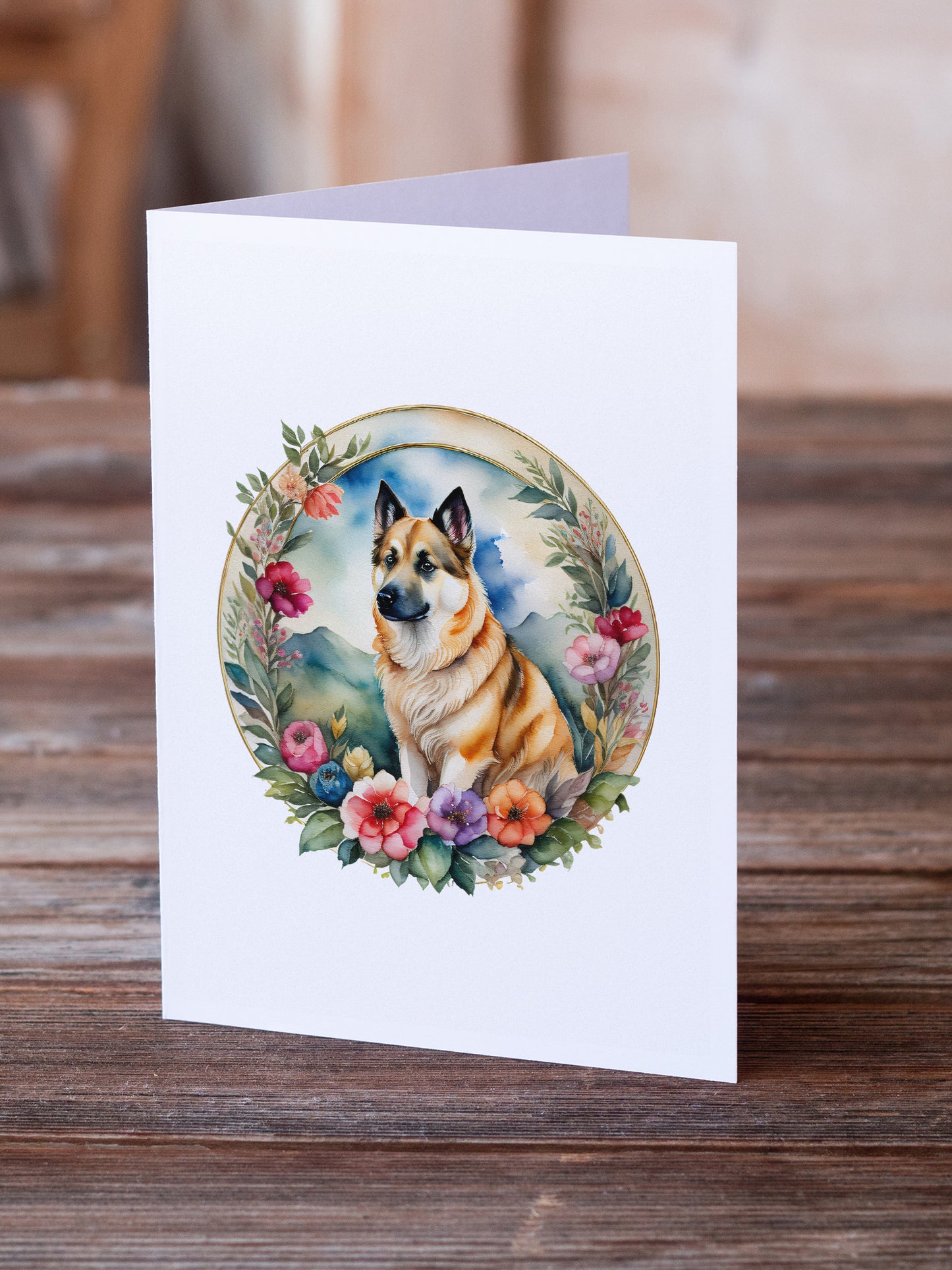 Norwegian Buhund and Flowers Greeting Cards Pack of 8