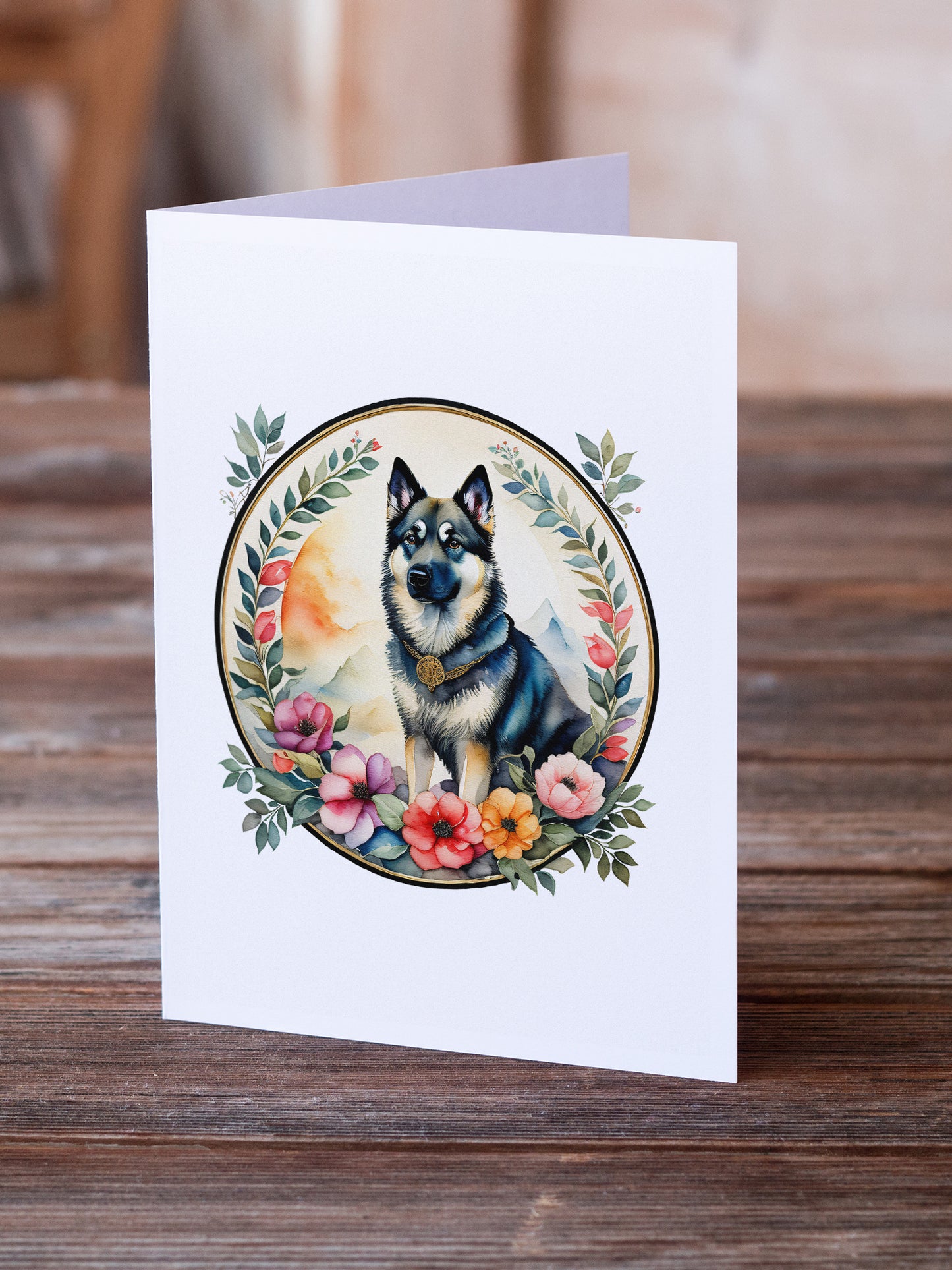 Norwegian Elkhound and Flowers Greeting Cards Pack of 8