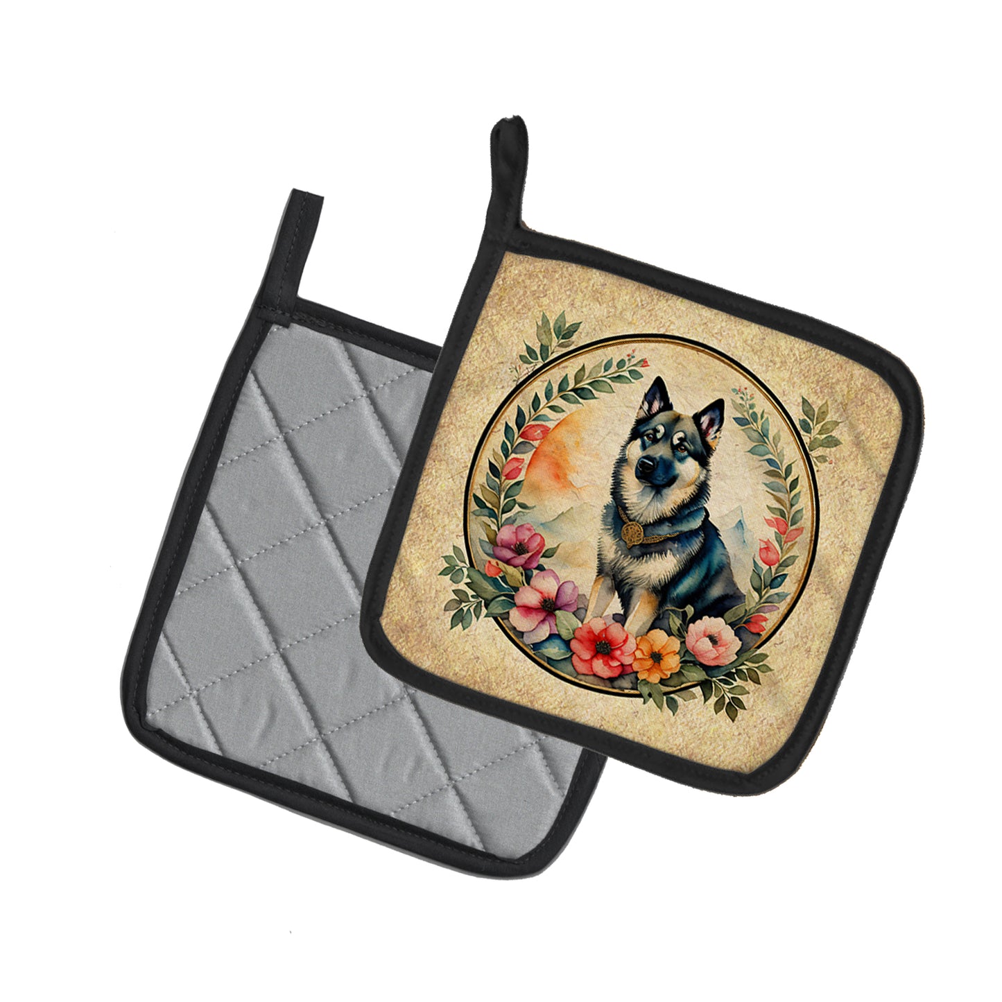 Norwegian Elkhound and Flowers Pair of Pot Holders