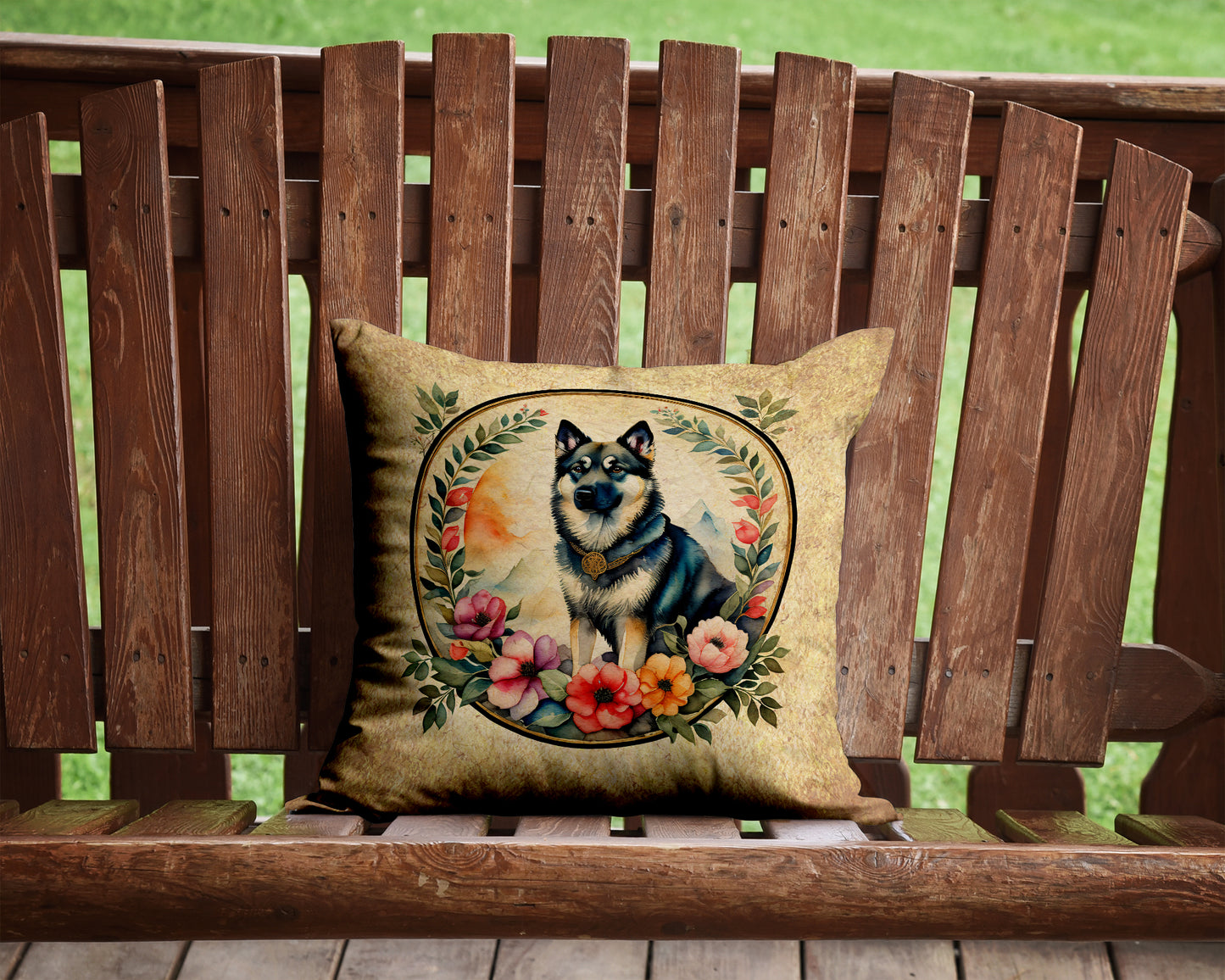 Norwegian Elkhound and Flowers Throw Pillow