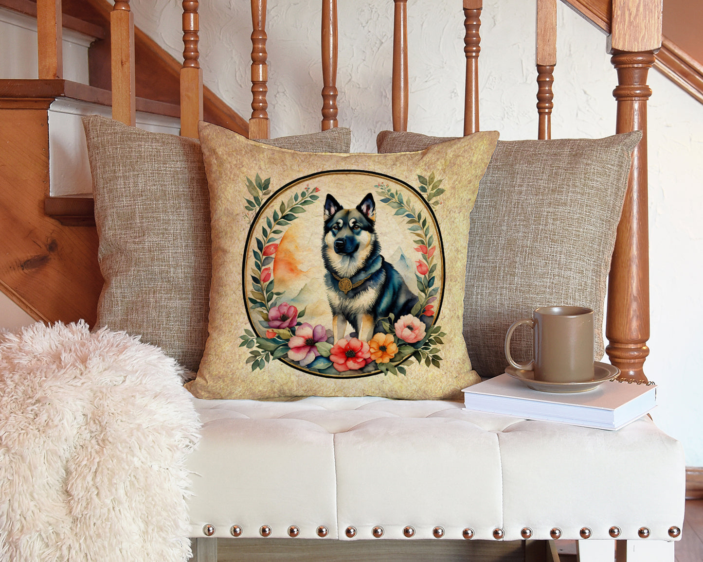 Norwegian Elkhound and Flowers Throw Pillow