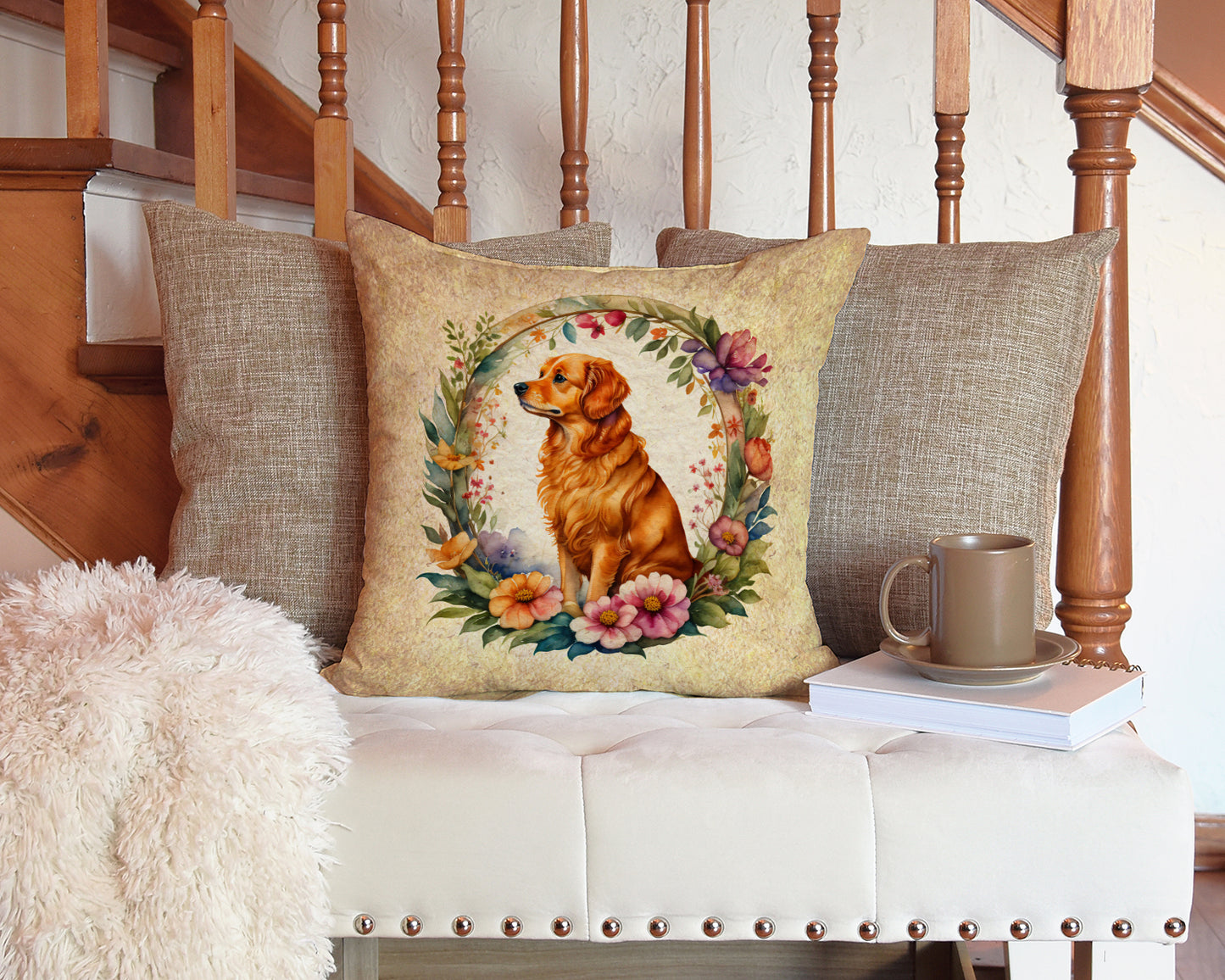 Nova Scotia Duck Tolling Retriever and Flowers Throw Pillow