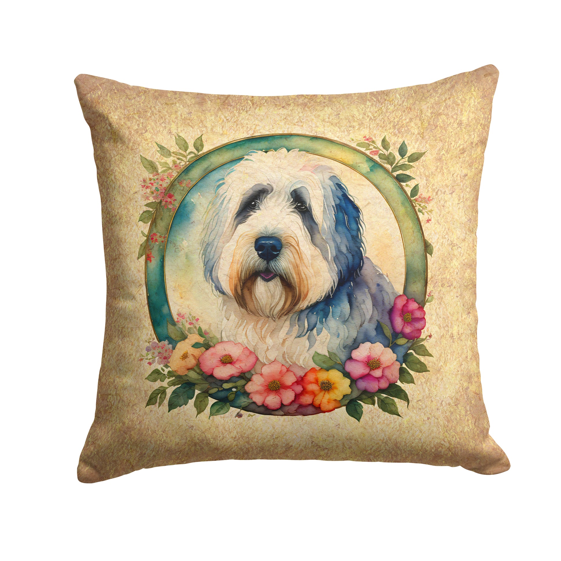 Buy this Old English Sheepdog and Flowers Throw Pillow