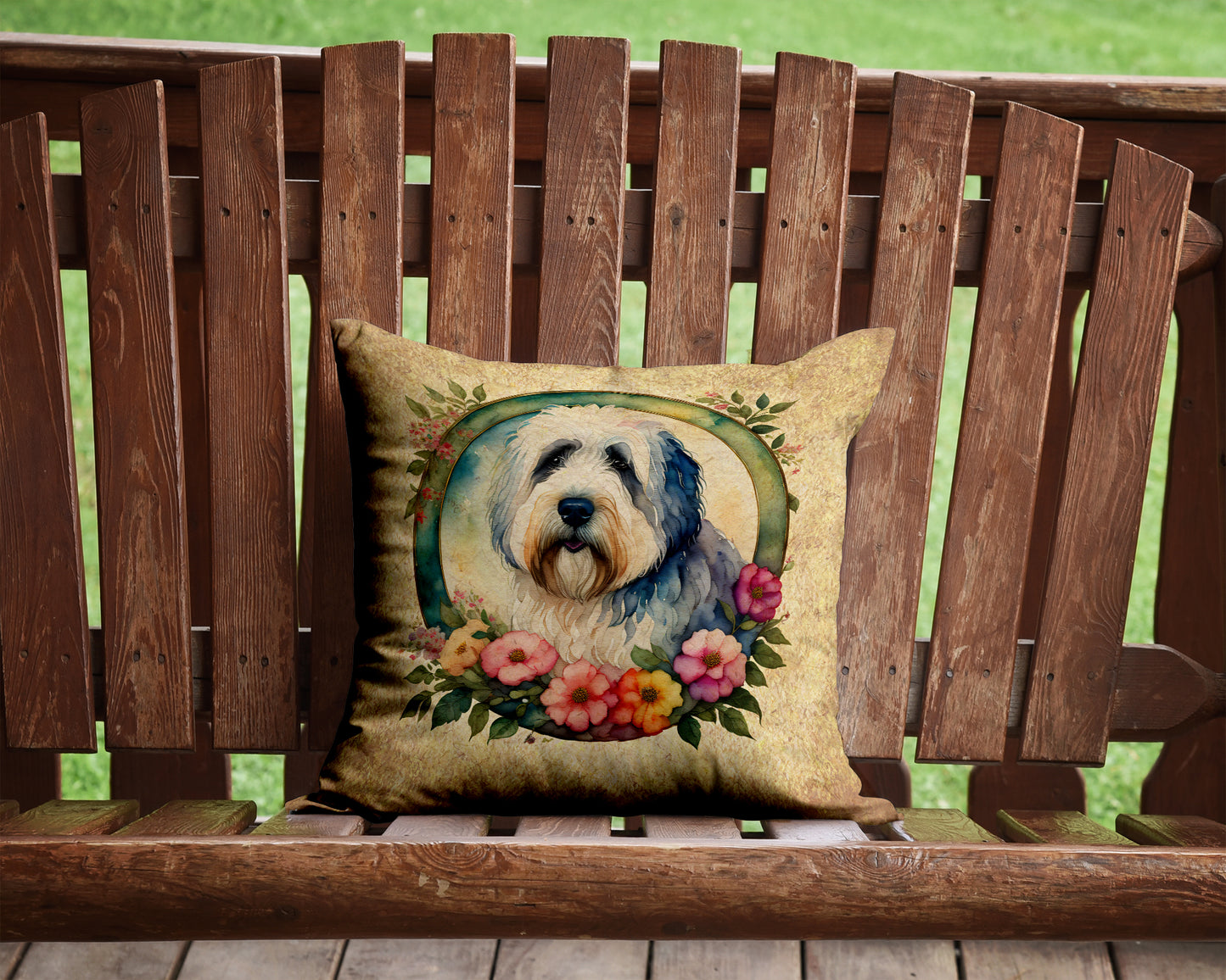 Old English Sheepdog and Flowers Throw Pillow