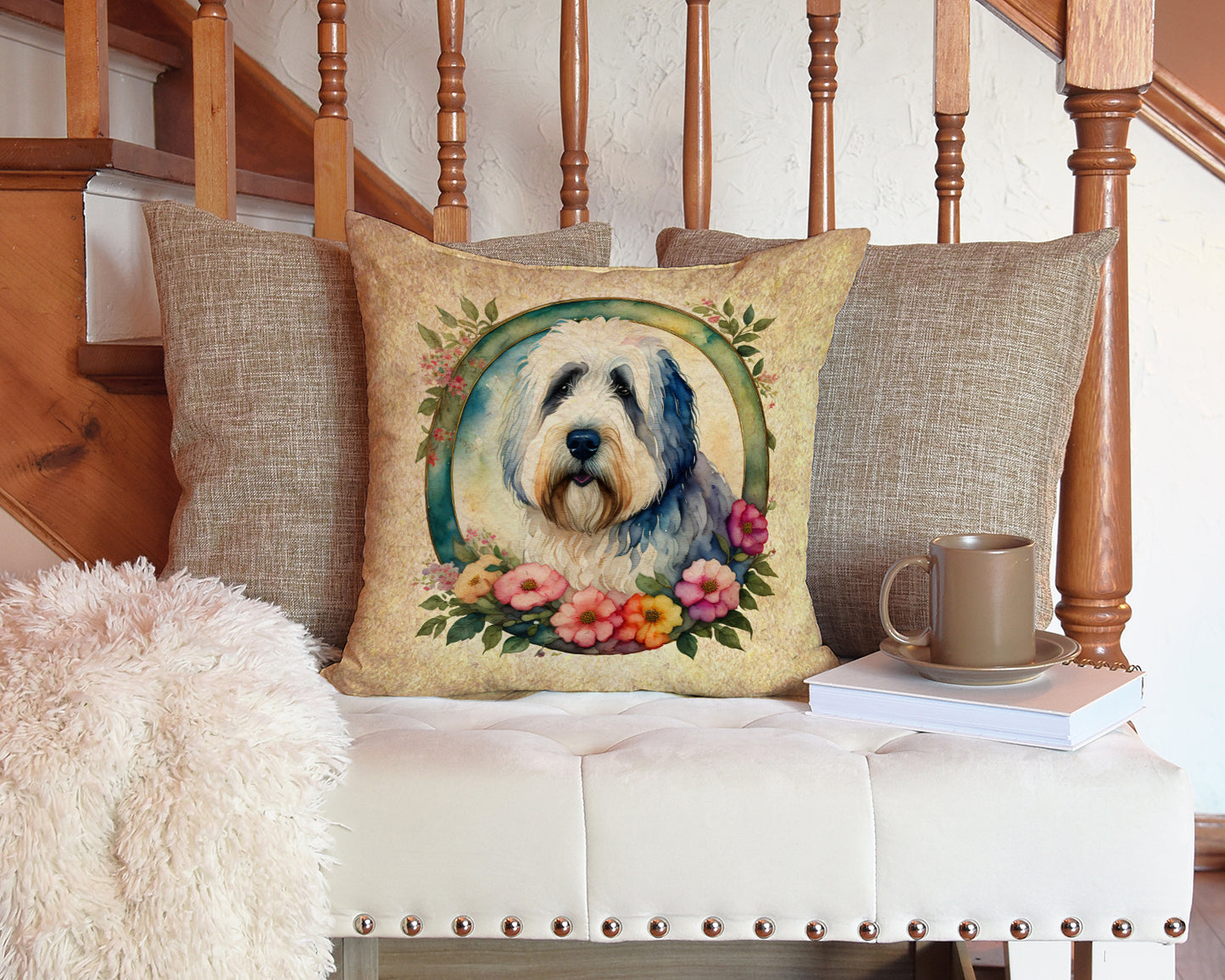 Old English Sheepdog and Flowers Throw Pillow