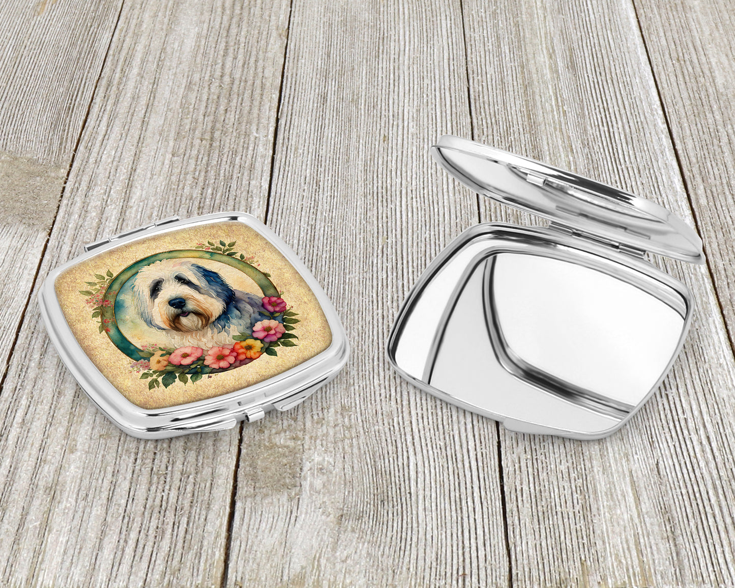 Old English Sheepdog and Flowers Compact Mirror