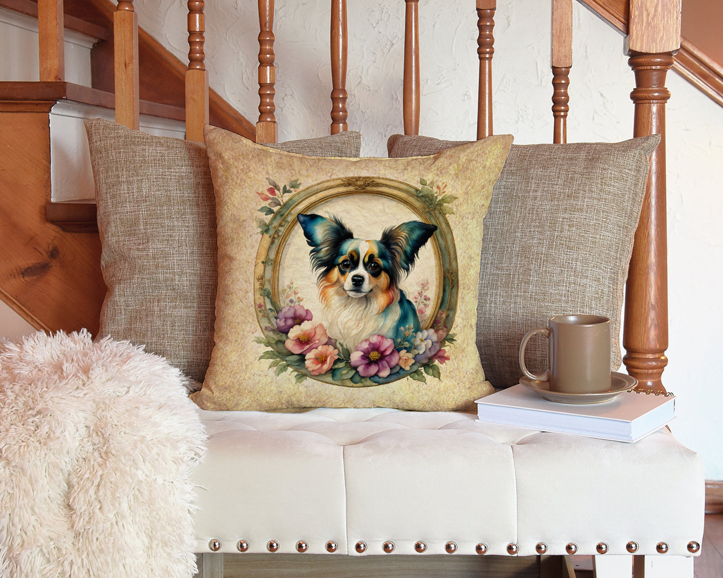 Papillon and Flowers Throw Pillow